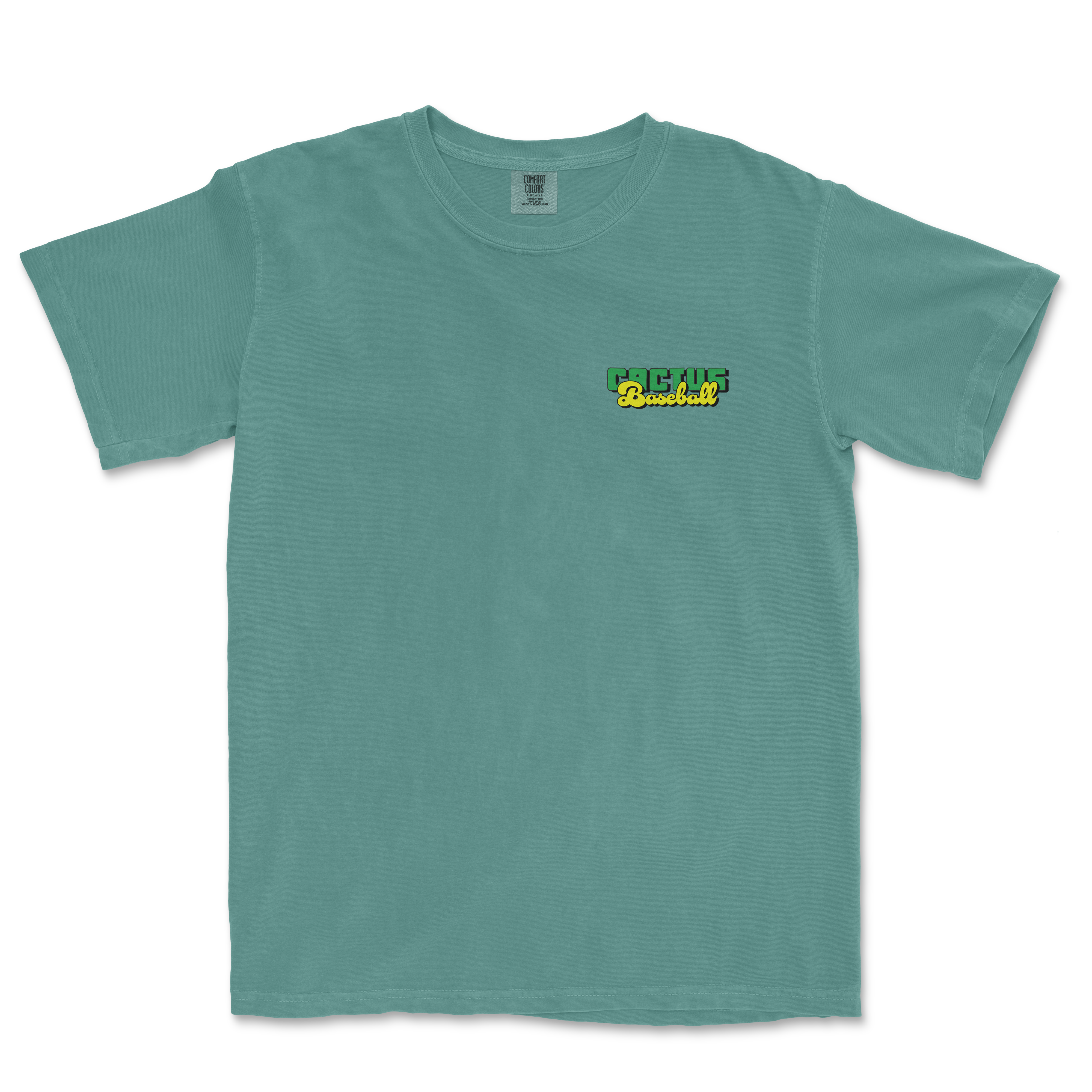Comfort Colors teal T-shirt with a small "Cactus Baseball" logo in green, yellow, and black on the front left chest.