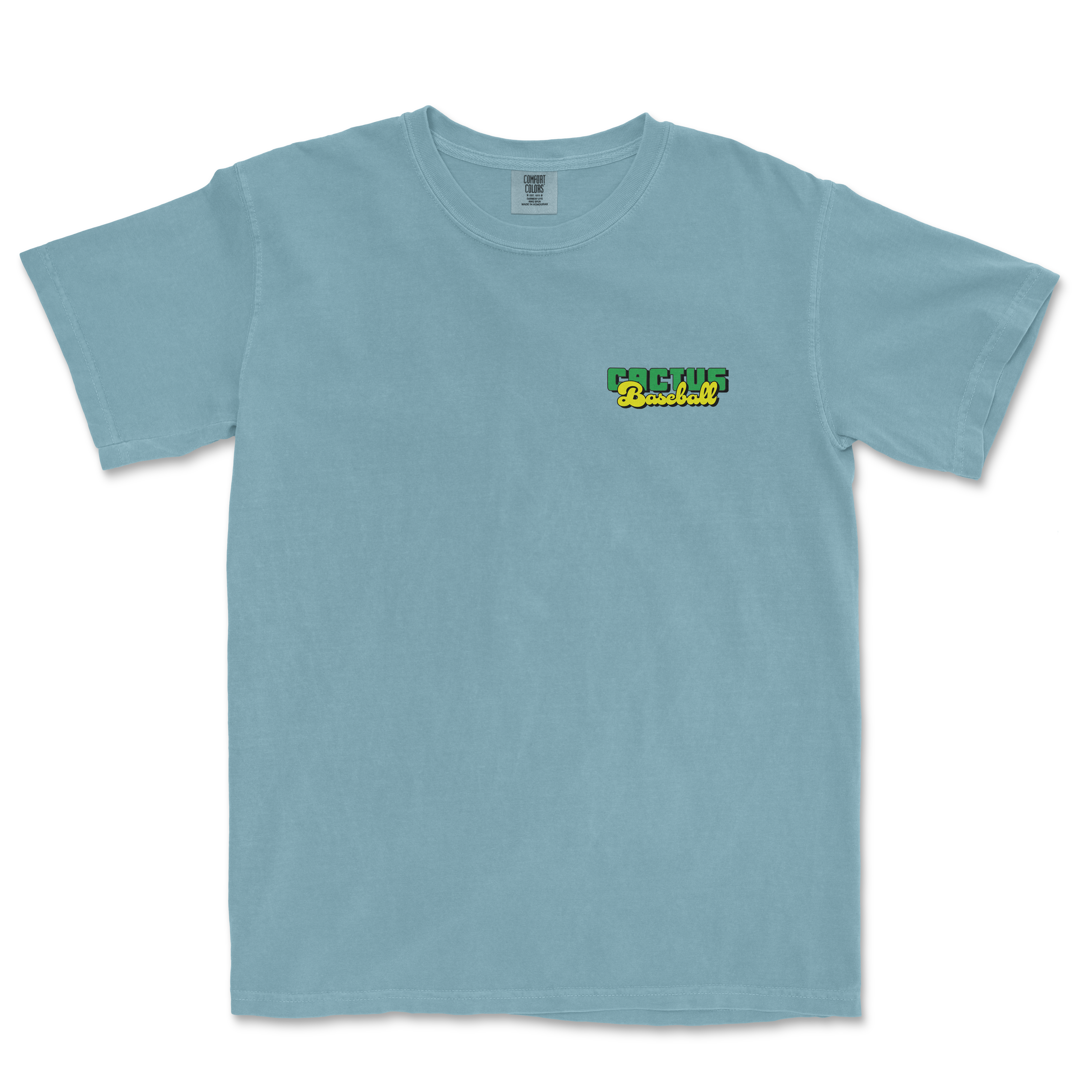 Light blue Comfort Colors T-shirt with a small "Cactus Baseball" logo in green, yellow, and black on the upper left chest.