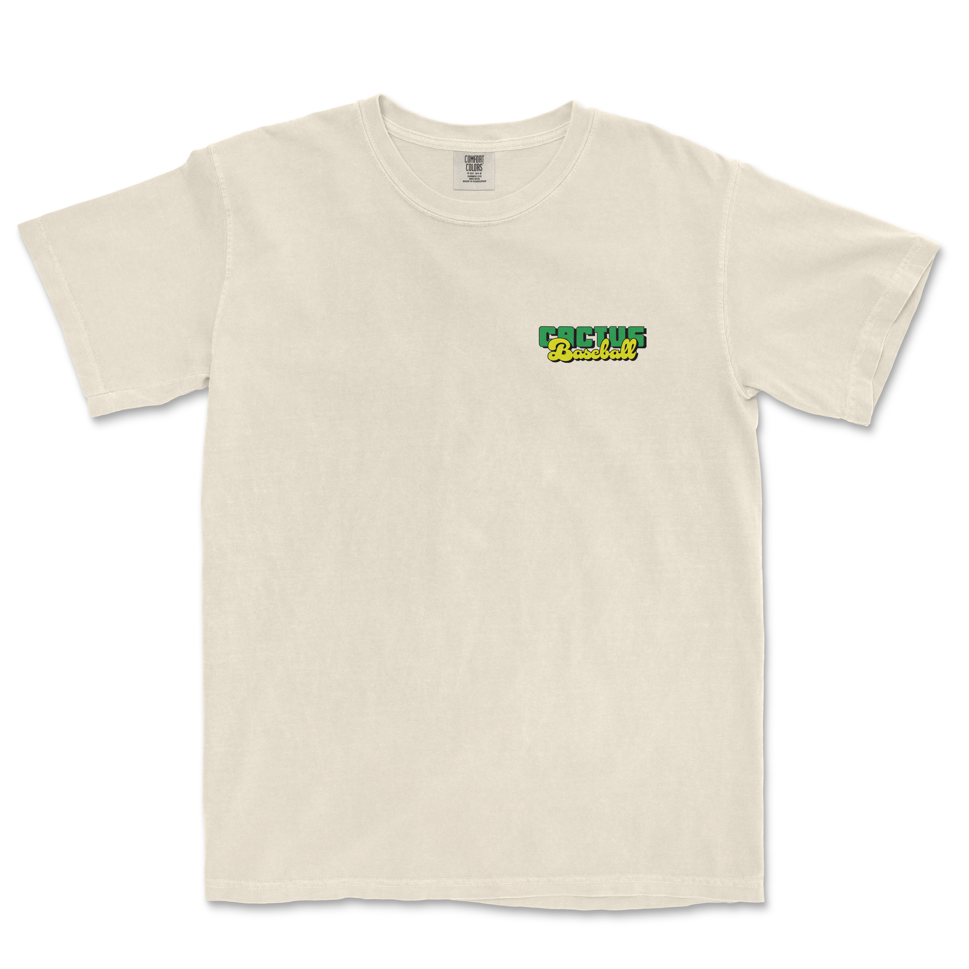 Cream-colored Comfort Colors T-shirt featuring a small, colorful "Cactus Baseball" logo on the upper left chest area.