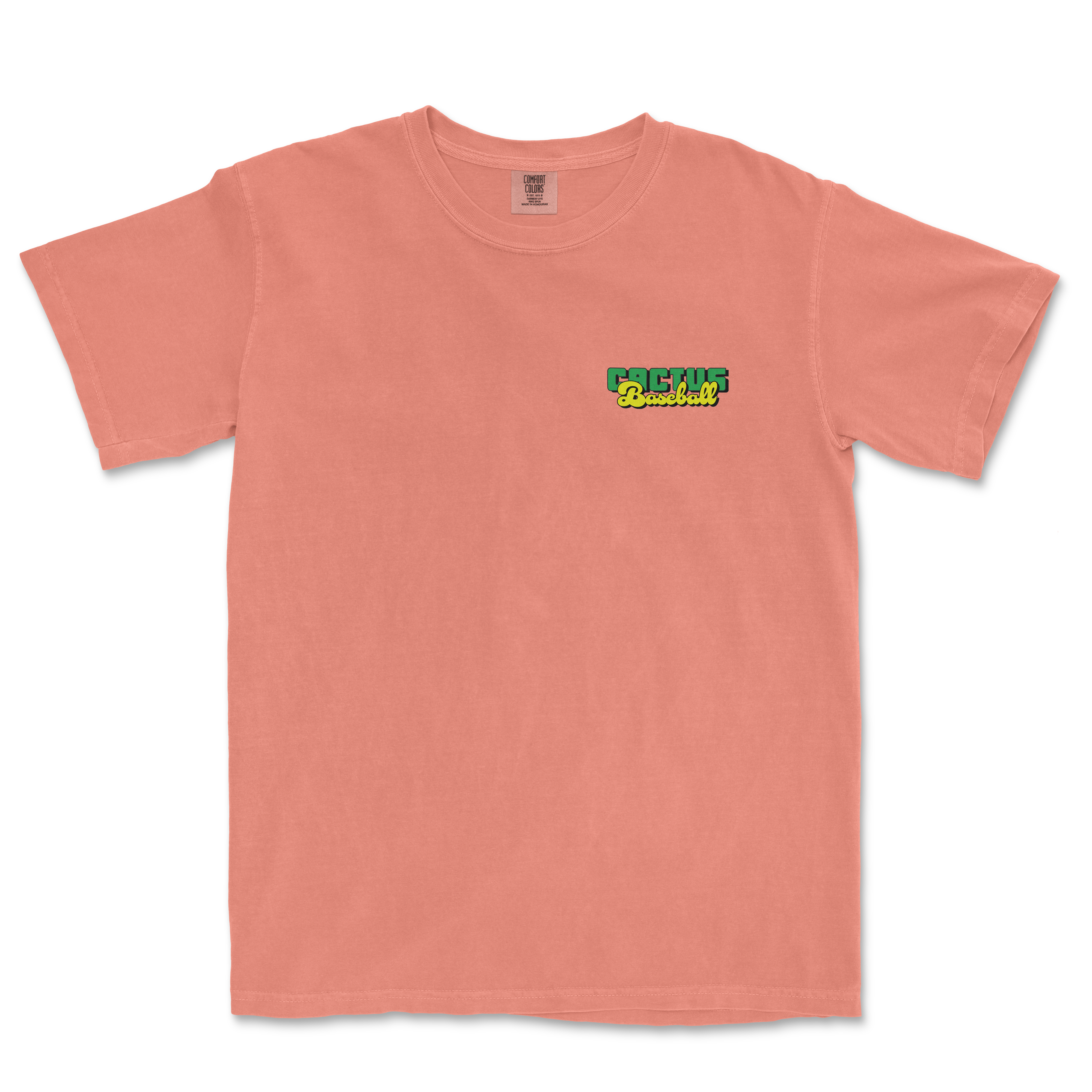Pink Comfort Colors T-shirt featuring a small "Cactus Baseball" logo in green, yellow, and black on the left chest area.
