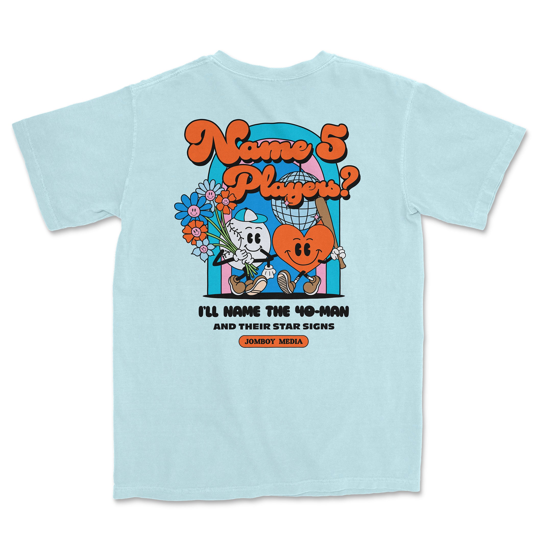 Light blue Comfort Colors tee featuring cartoon characters holding flowers and a globe, with bold text and playful design.