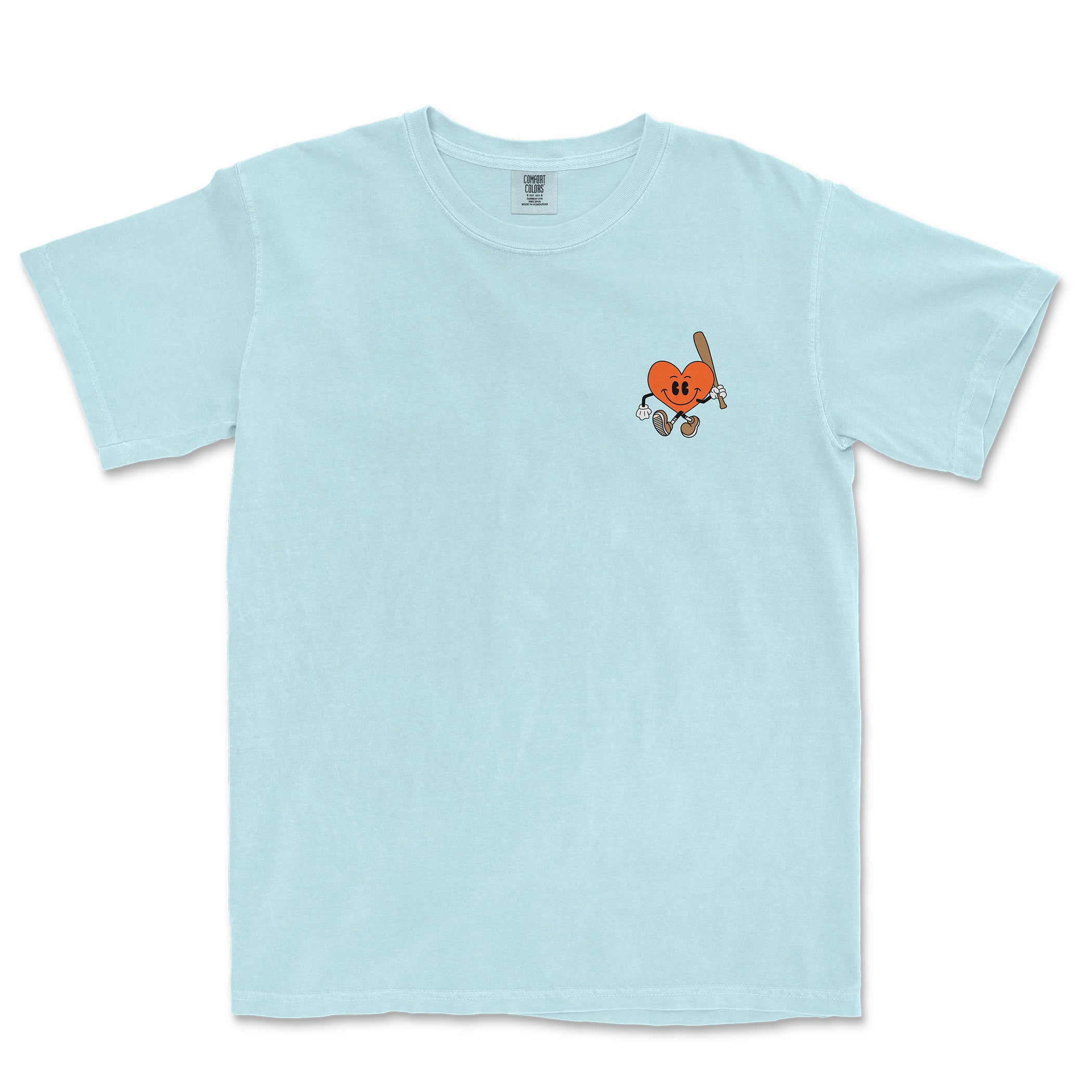Light blue Comfort Colors tee featuring a small, cartoon-style heart character holding a baseball bat on the chest.