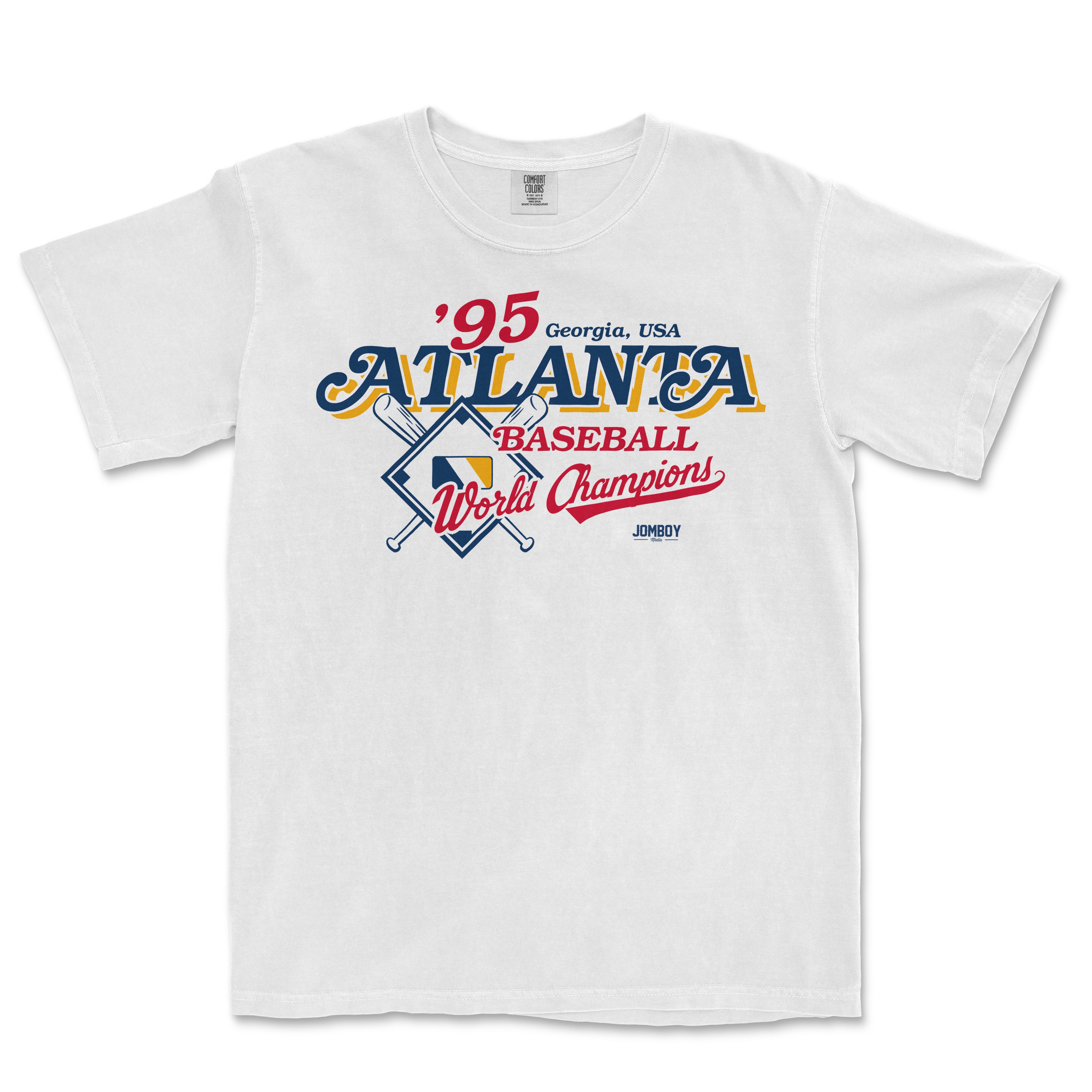 White Comfort Colors tee featuring vintage ATLANTA 1995 baseball World Champions graphic with crossed bats and a diamond design.