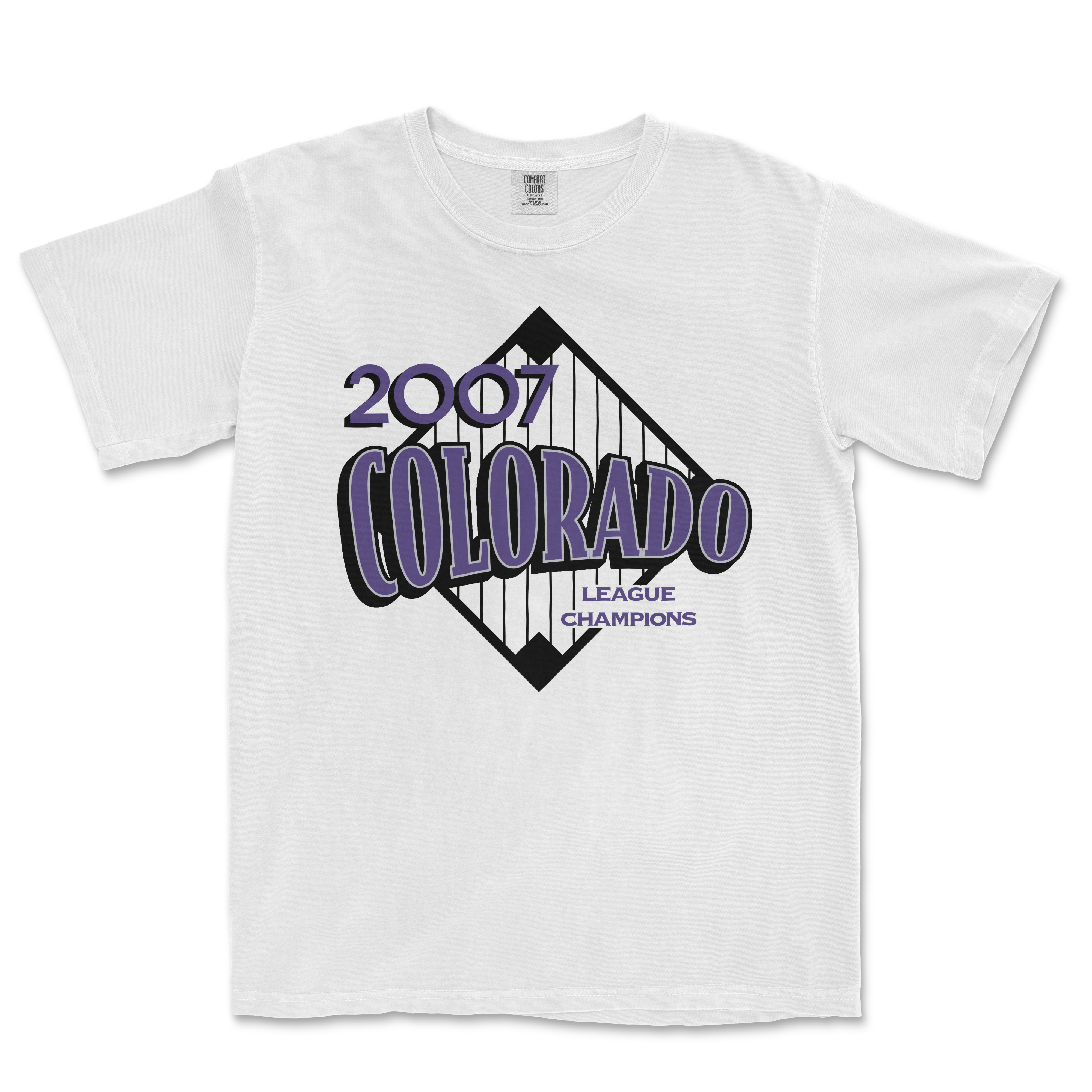 White Comfort Colors tee featuring a 2007 Colorado league champions graphic with purple and black design elements.