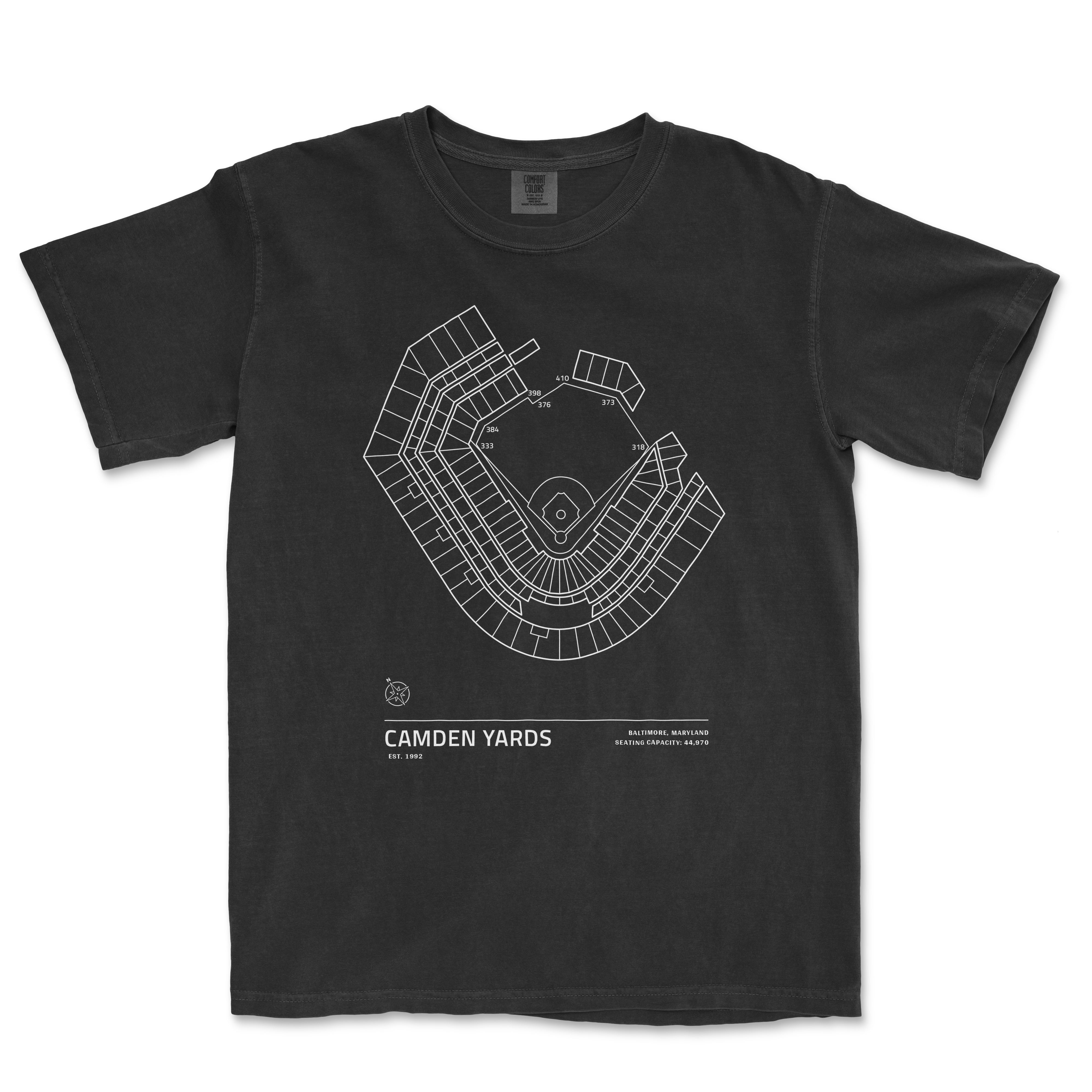 Black Comfort Colors T-shirt featuring a white line drawing of Camden Yards baseball stadium seating chart with location details.