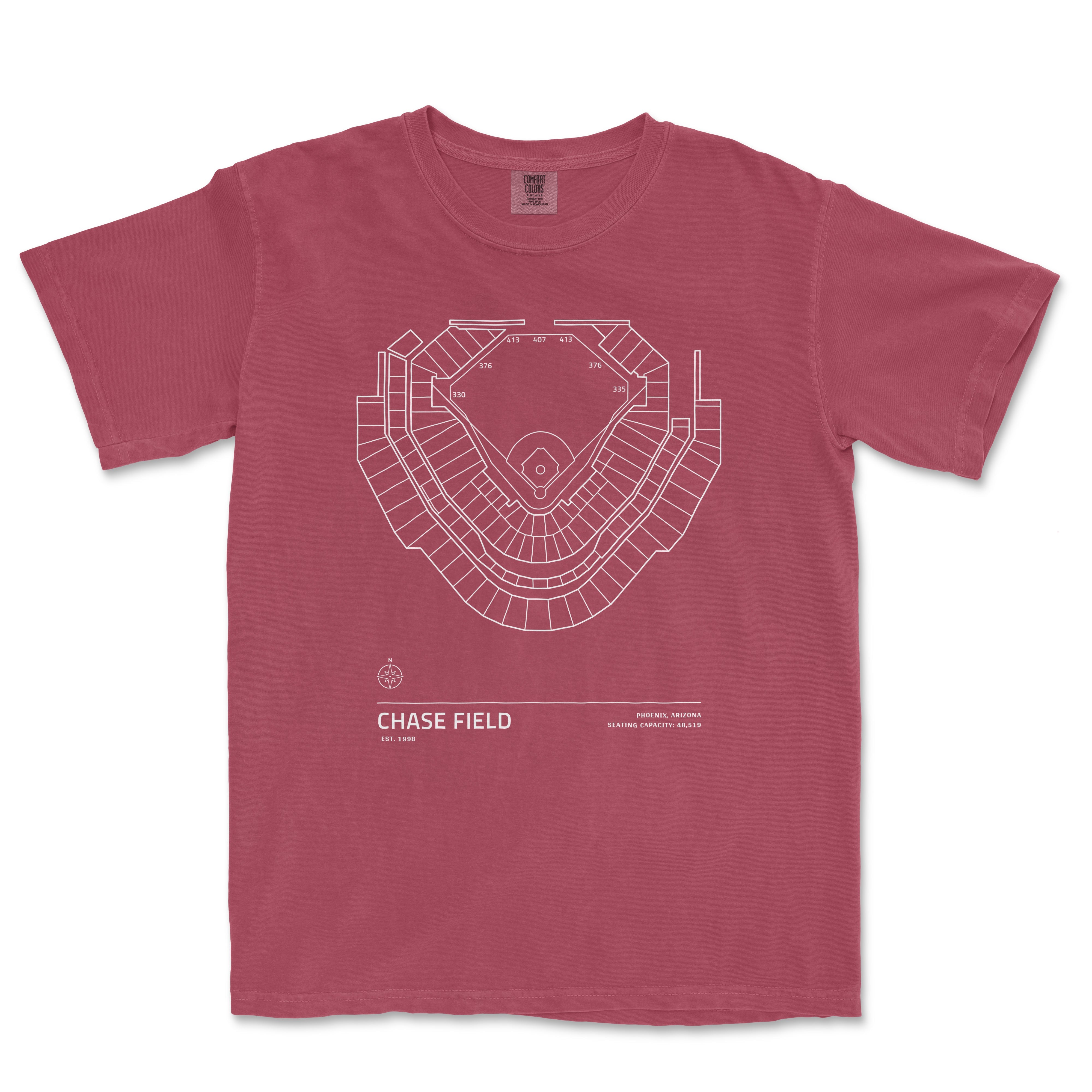 Pink Comfort Colors T-shirt featuring a white line drawing of Chase Field stadium seating chart and related details.