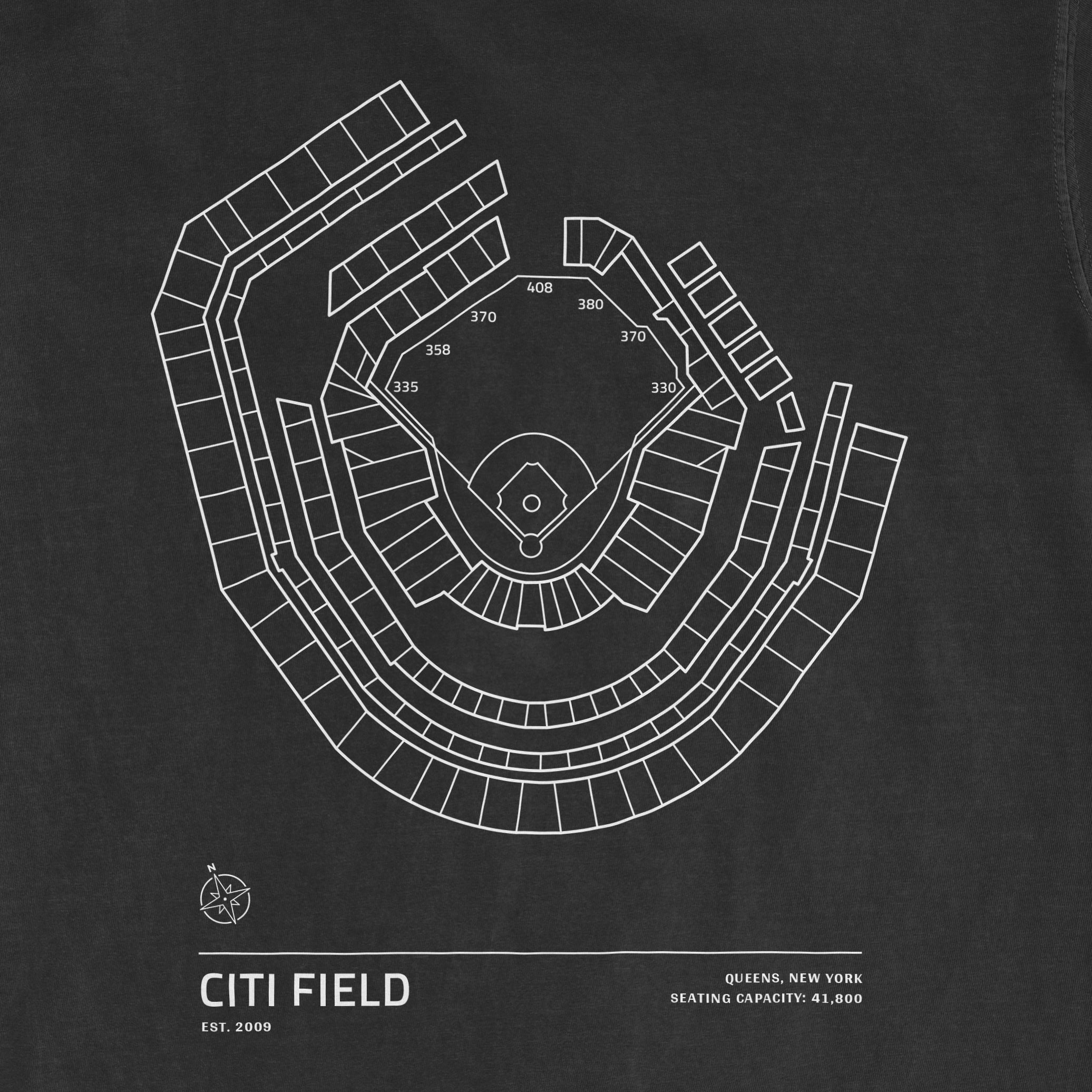 Black Comfort Colors T-shirt featuring a white line drawing of Citi Field stadium seating chart with section numbers and capacity.
