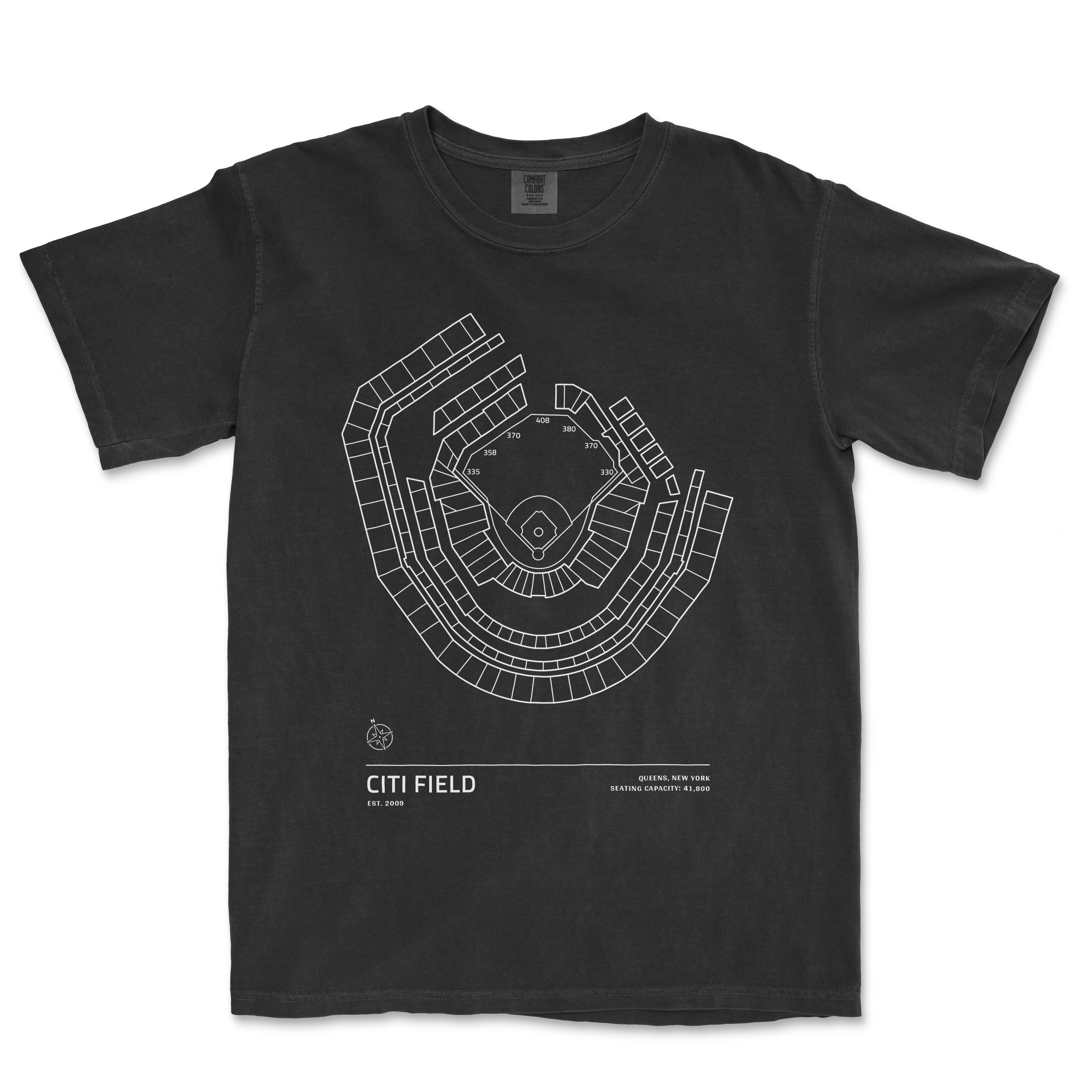 Black Comfort Colors T-shirt featuring a white line drawing of Citi Field stadium seating chart and details.