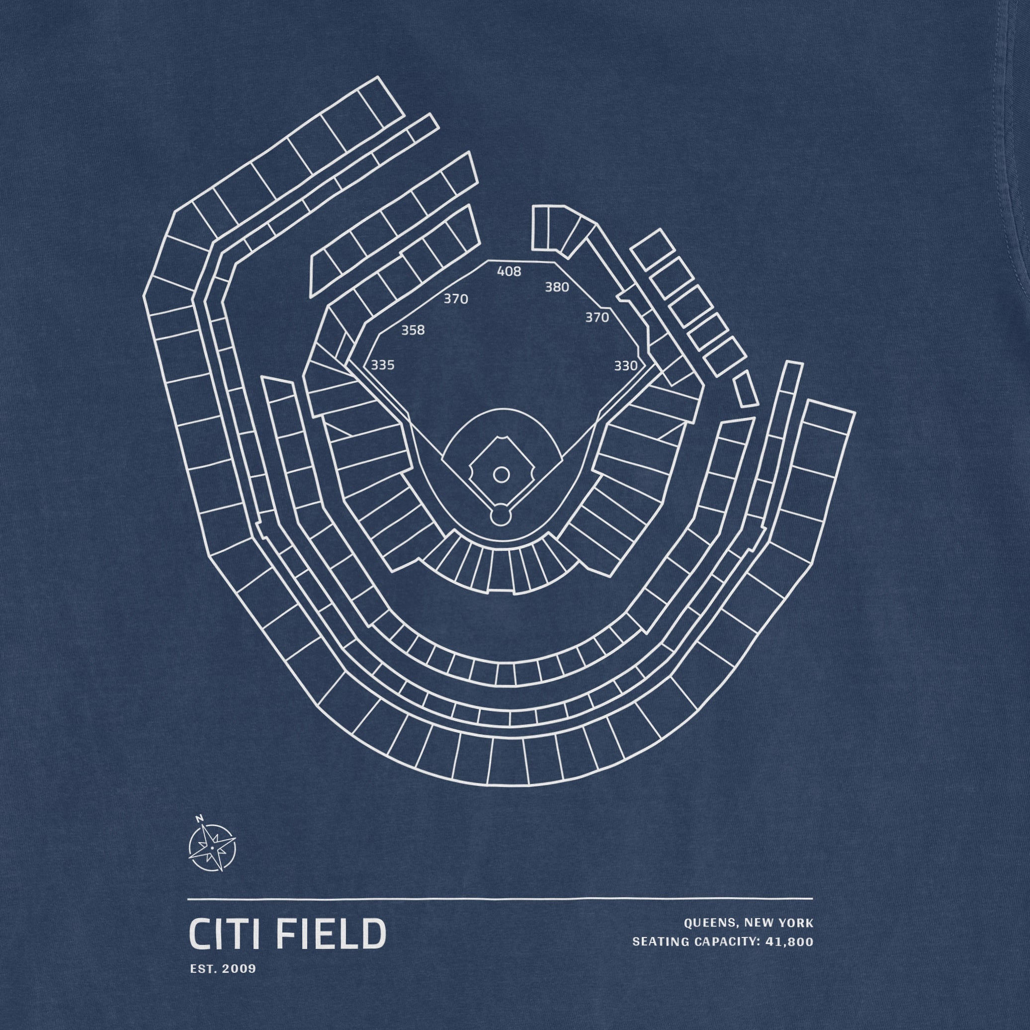 Blue Comfort Colors T-shirt featuring a white line diagram of Citi Field stadium seating and field layout, with location details.