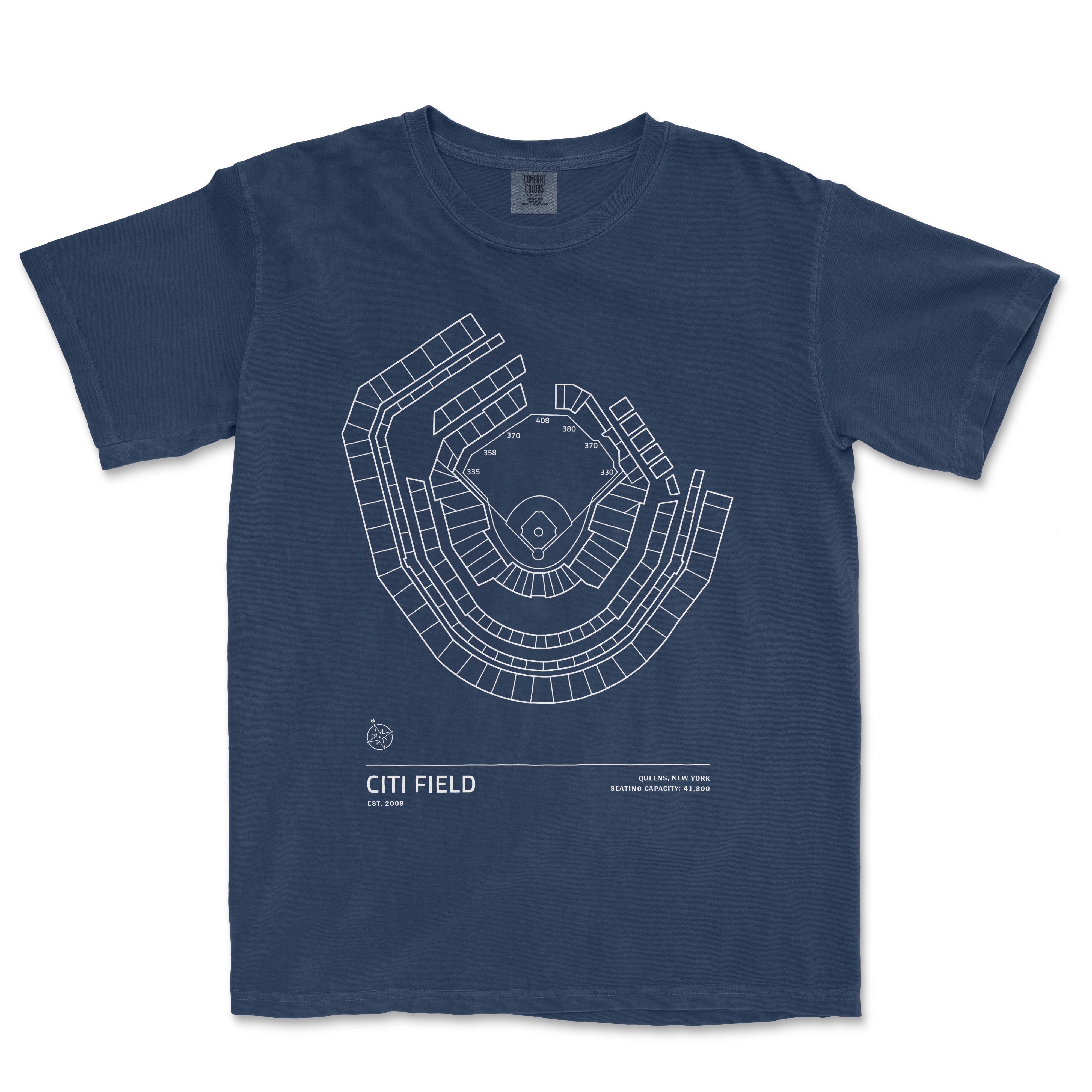 Comfort Colors navy T-shirt featuring a white line drawing of Citi Field stadium seating chart, with location details.