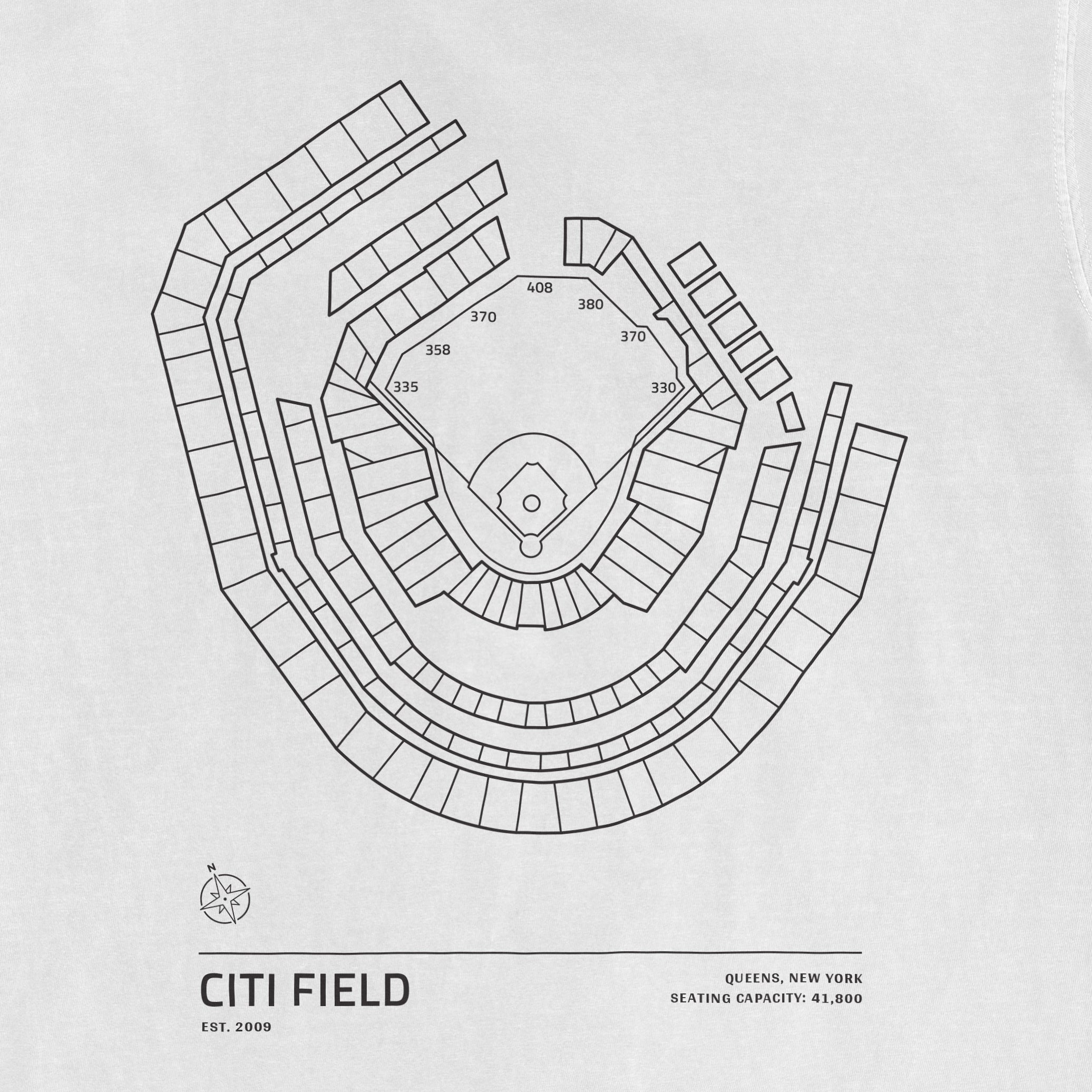 Line drawing of Citi Field stadium seating chart on a Comfort Colors T-shirt, with seating sections and field layout.
