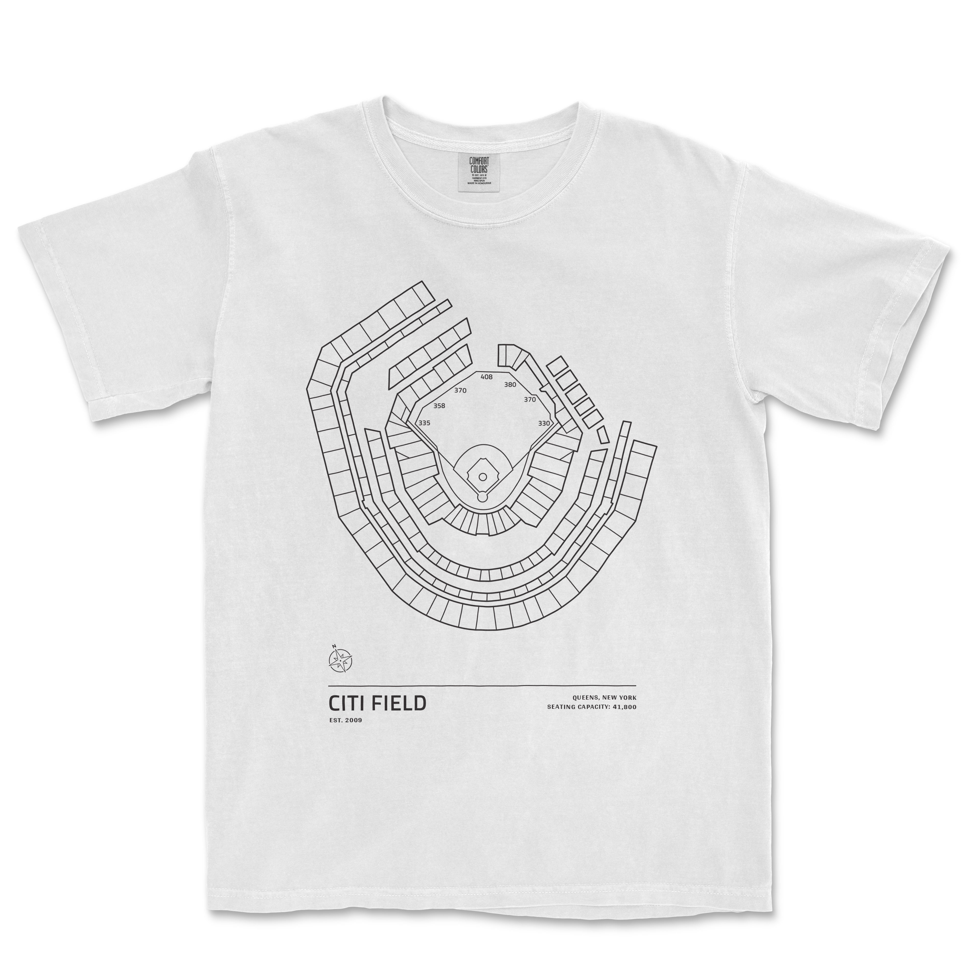 White Comfort Colors T-shirt featuring a black line drawing of Citi Field stadium seating chart with location details.