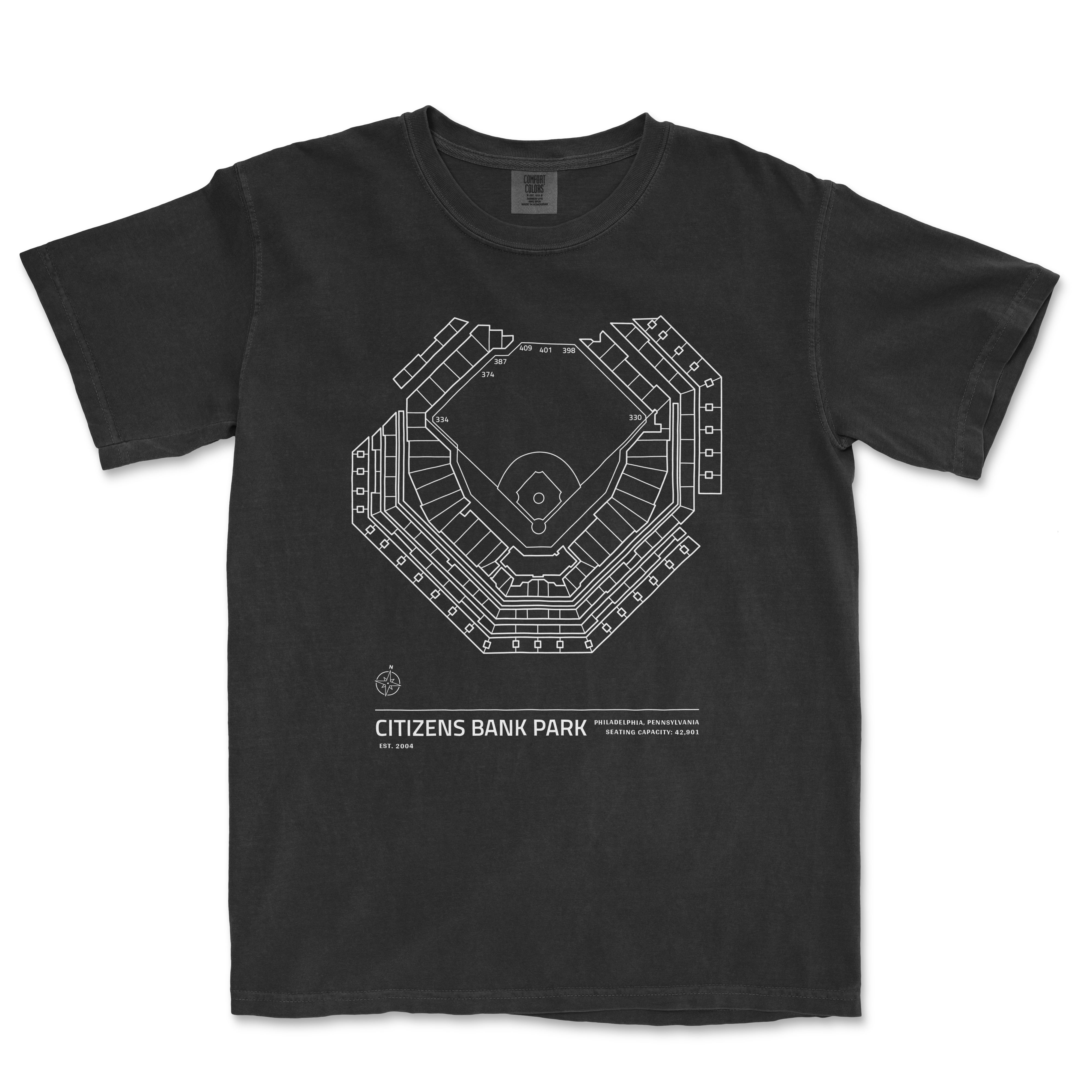 Black Comfort Colors tee featuring a white line drawing of Citizens Bank Park stadium layout with seating info and location details.