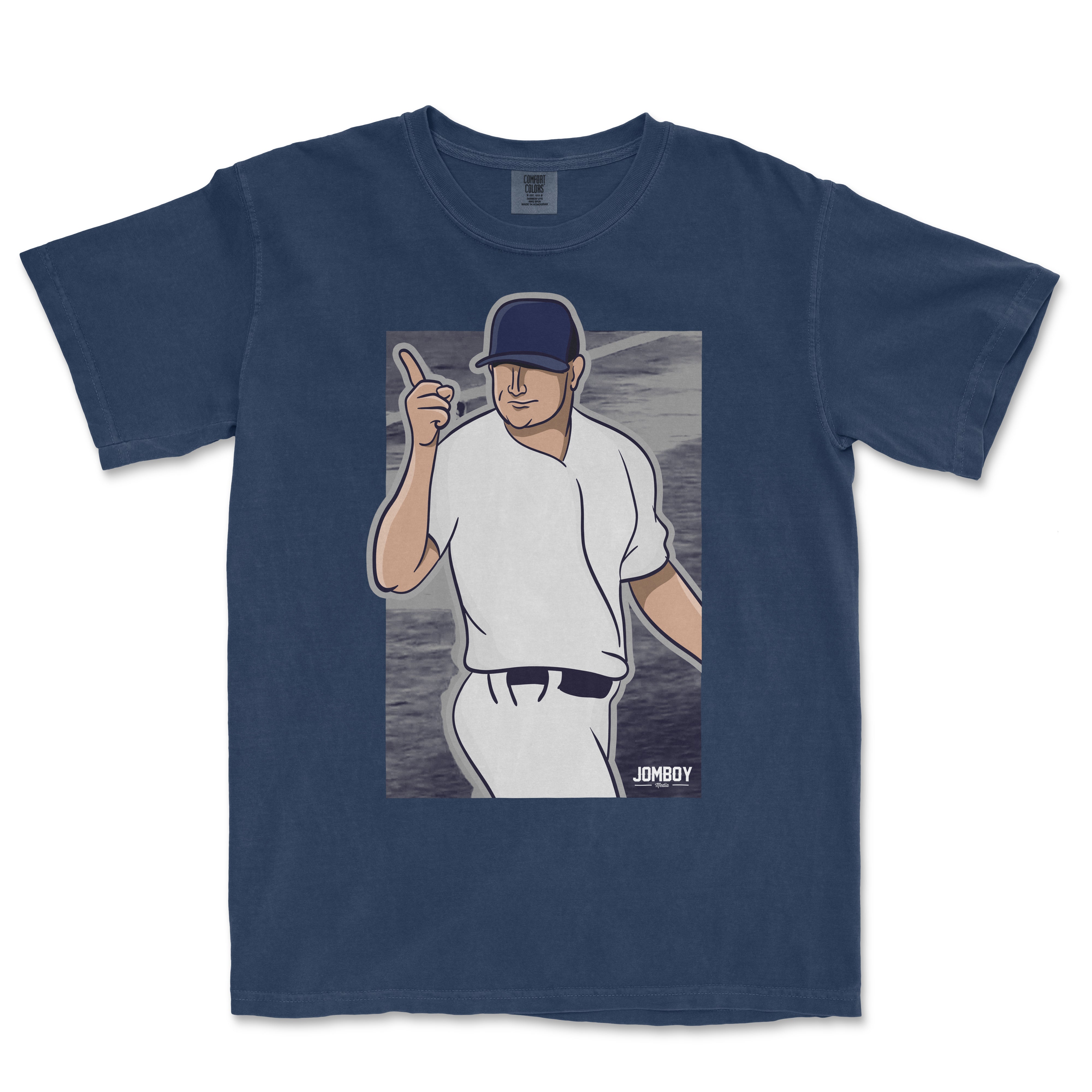 A navy T-shirt featuring a cartoon baseball player pointing with one finger, with a background of water and the text "JOMBOY".