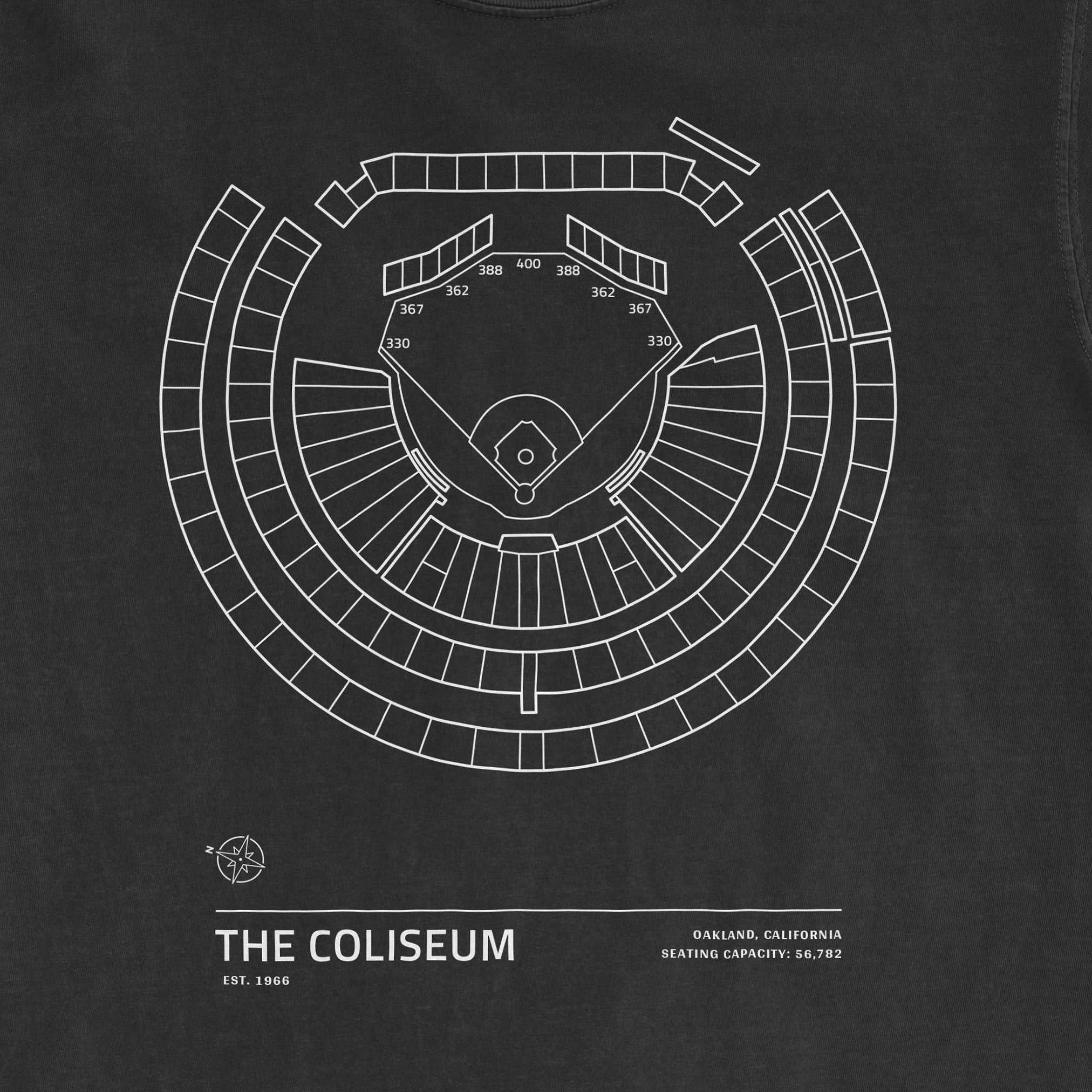 Diagram of the Coliseum stadium seating layout from the Stadium Collection, showing sections and capacity in white lines on black background.