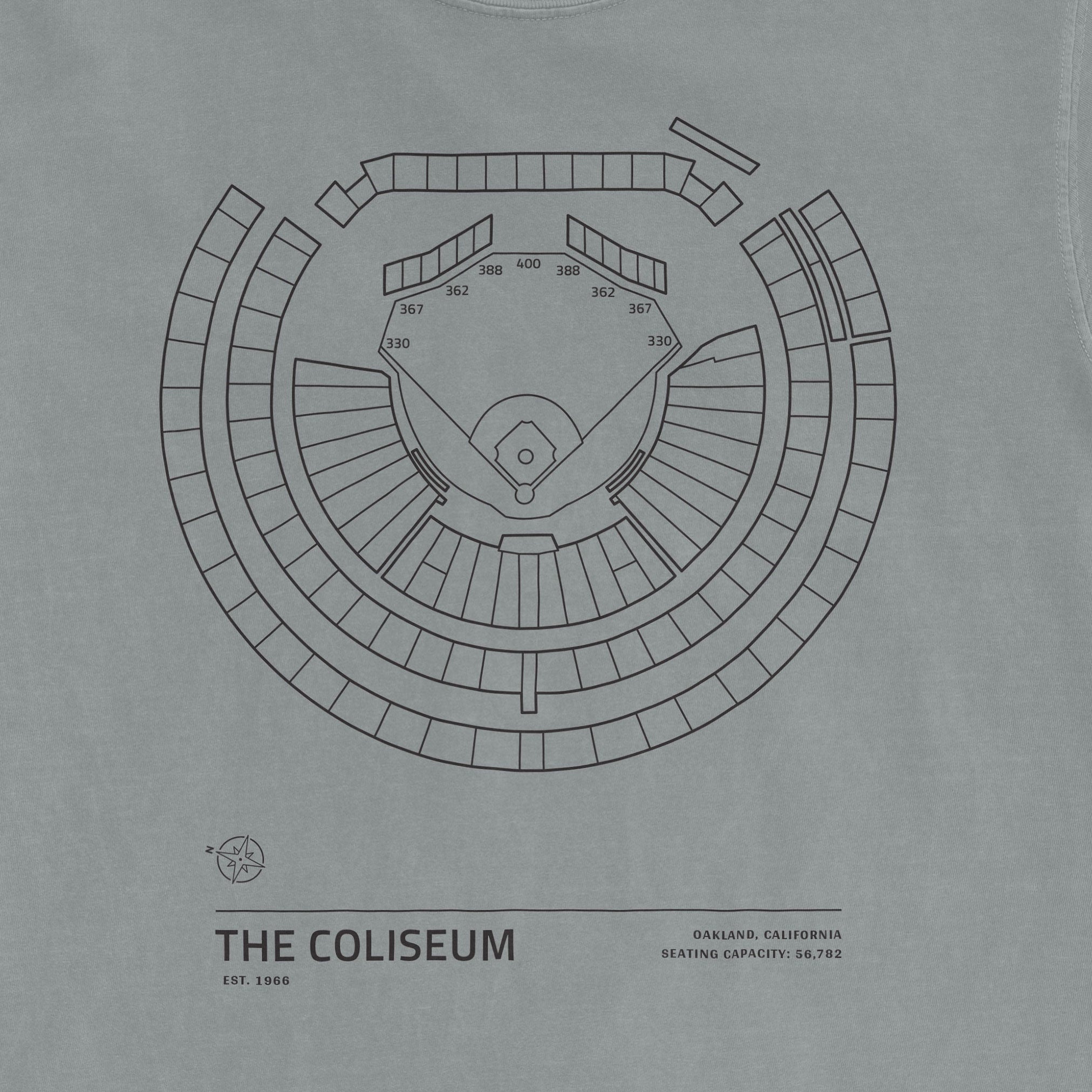 Line drawing of the Coliseum stadium seating layout, showing sections, rows, and capacity details on a gray background.