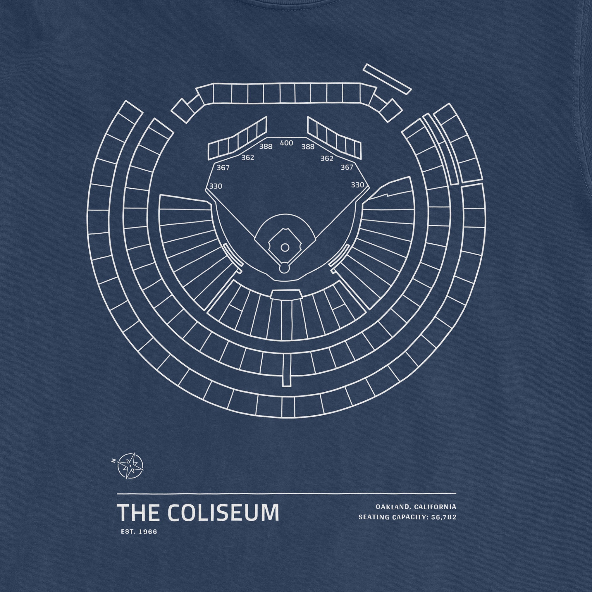 Blueprint-style diagram of the Coliseum stadium seating layout, with capacity details and location in Oakland, California.