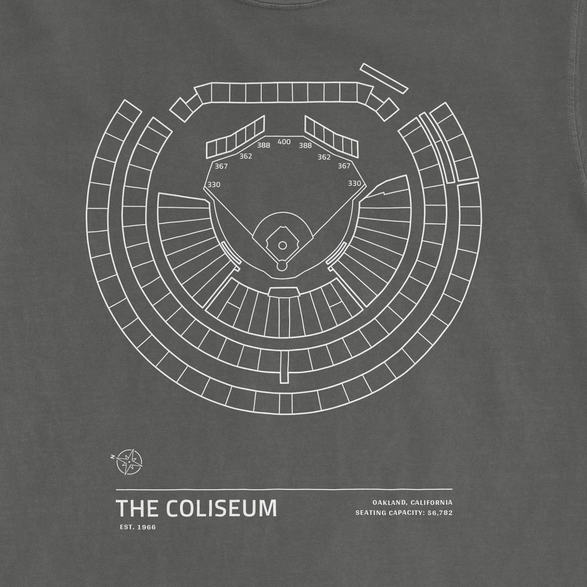 Line drawing of the Oakland Coliseum stadium seating chart with capacity info, logo, and "The Coliseum" text.