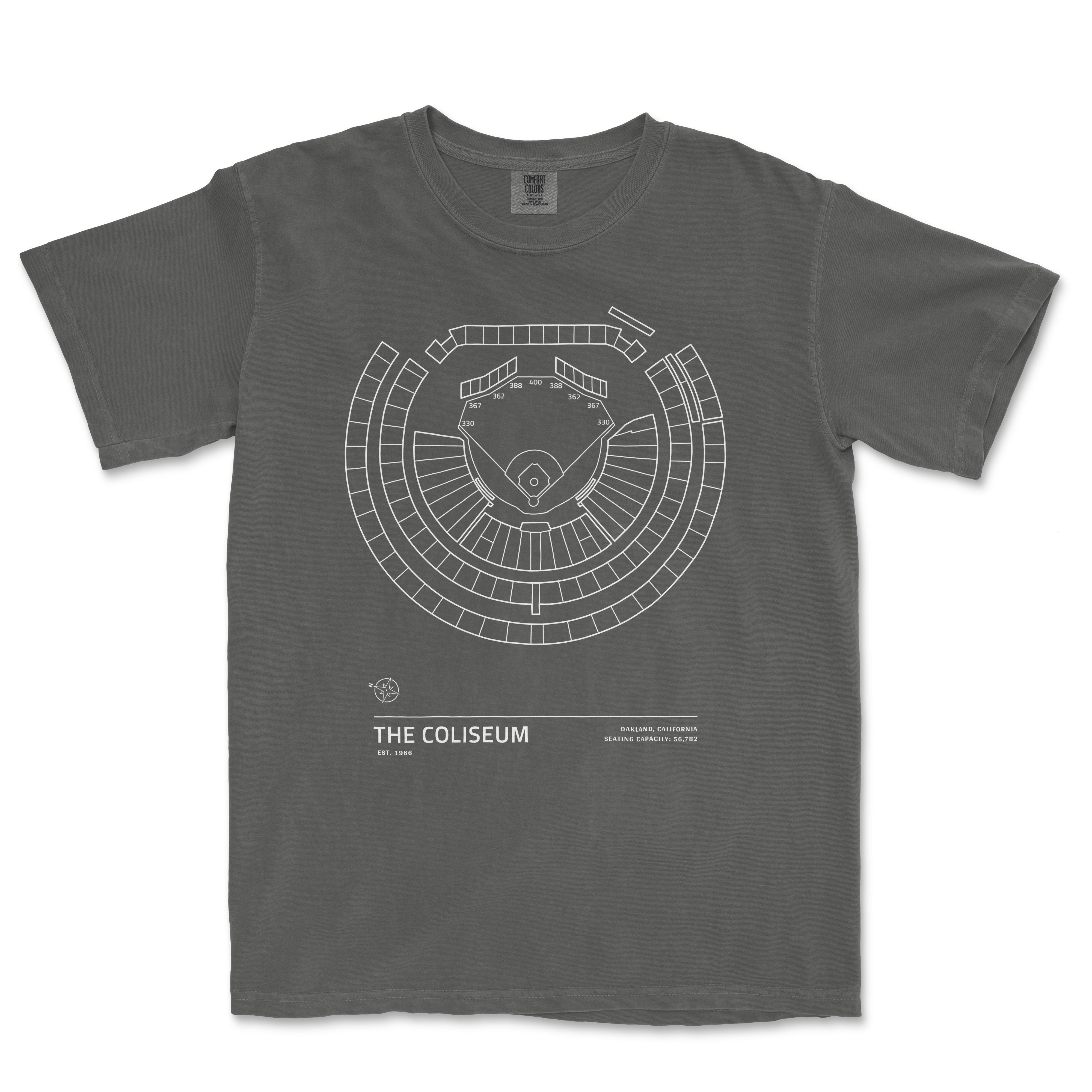 Gray T-shirt featuring a white line drawing of the Coliseum stadium seating layout, with location details and "The Coliseum" text.