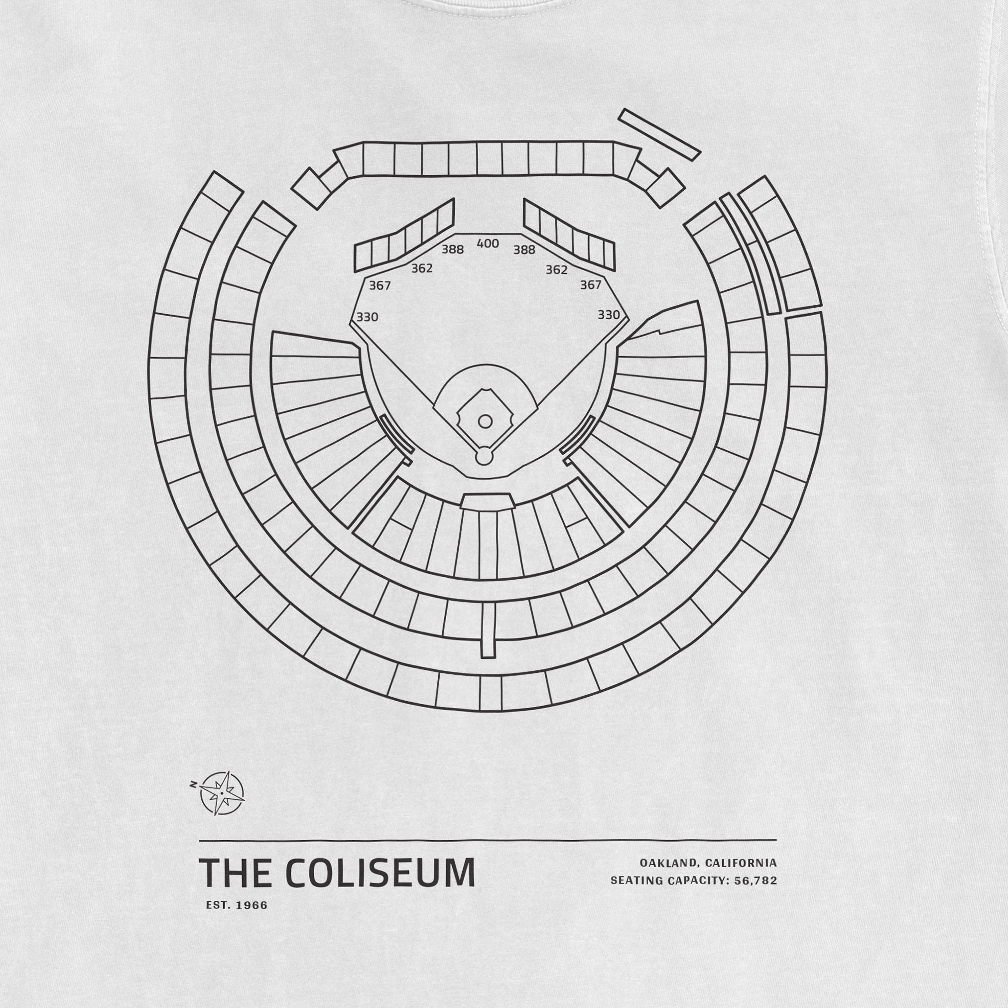 Line drawing of the Oakland Coliseum stadium seating chart, showing sections, capacity, and layout for the Stadium Collection product.
