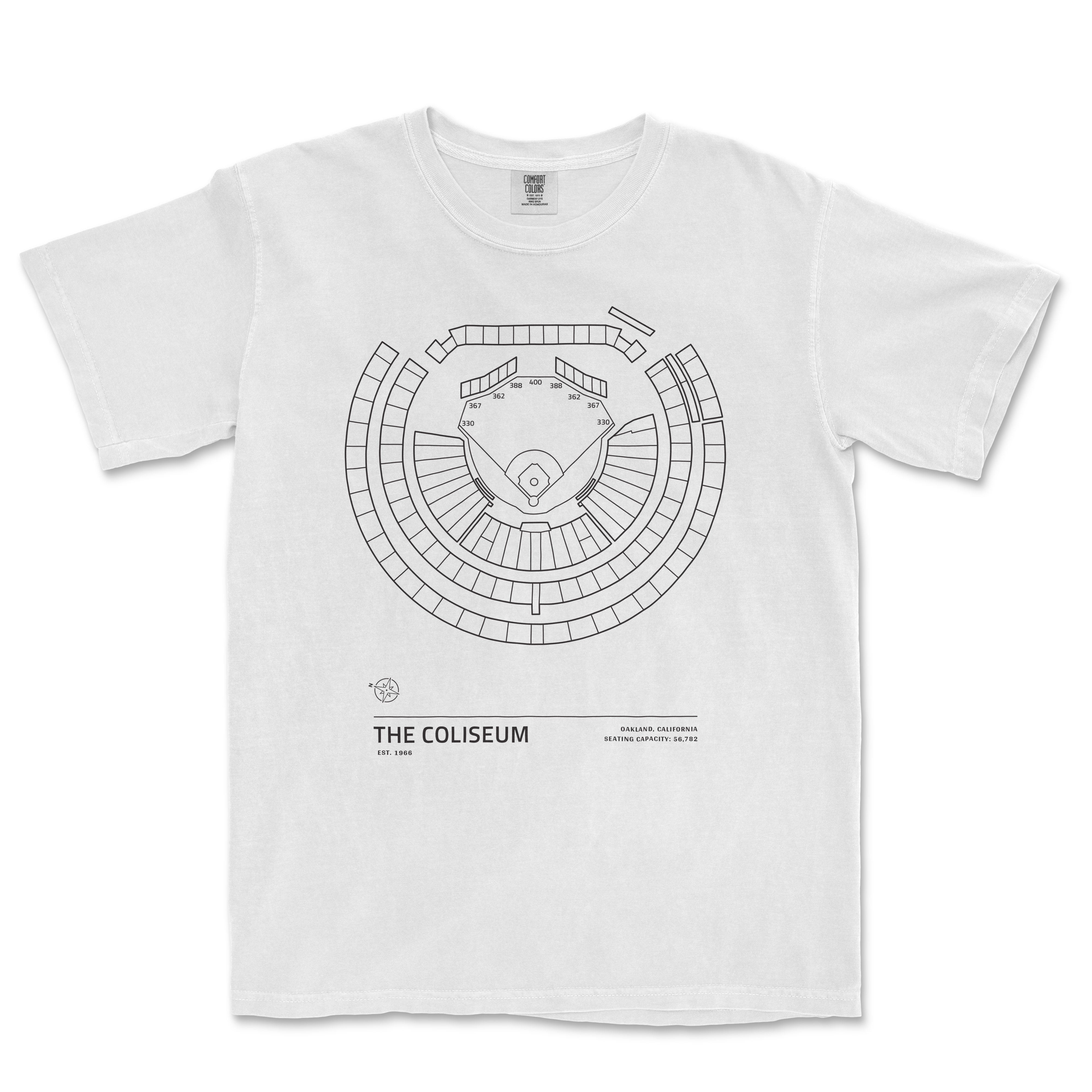 White T-shirt featuring a minimalist line drawing of the Coliseum stadium layout from the Stadium Collection, with location and capacity details.