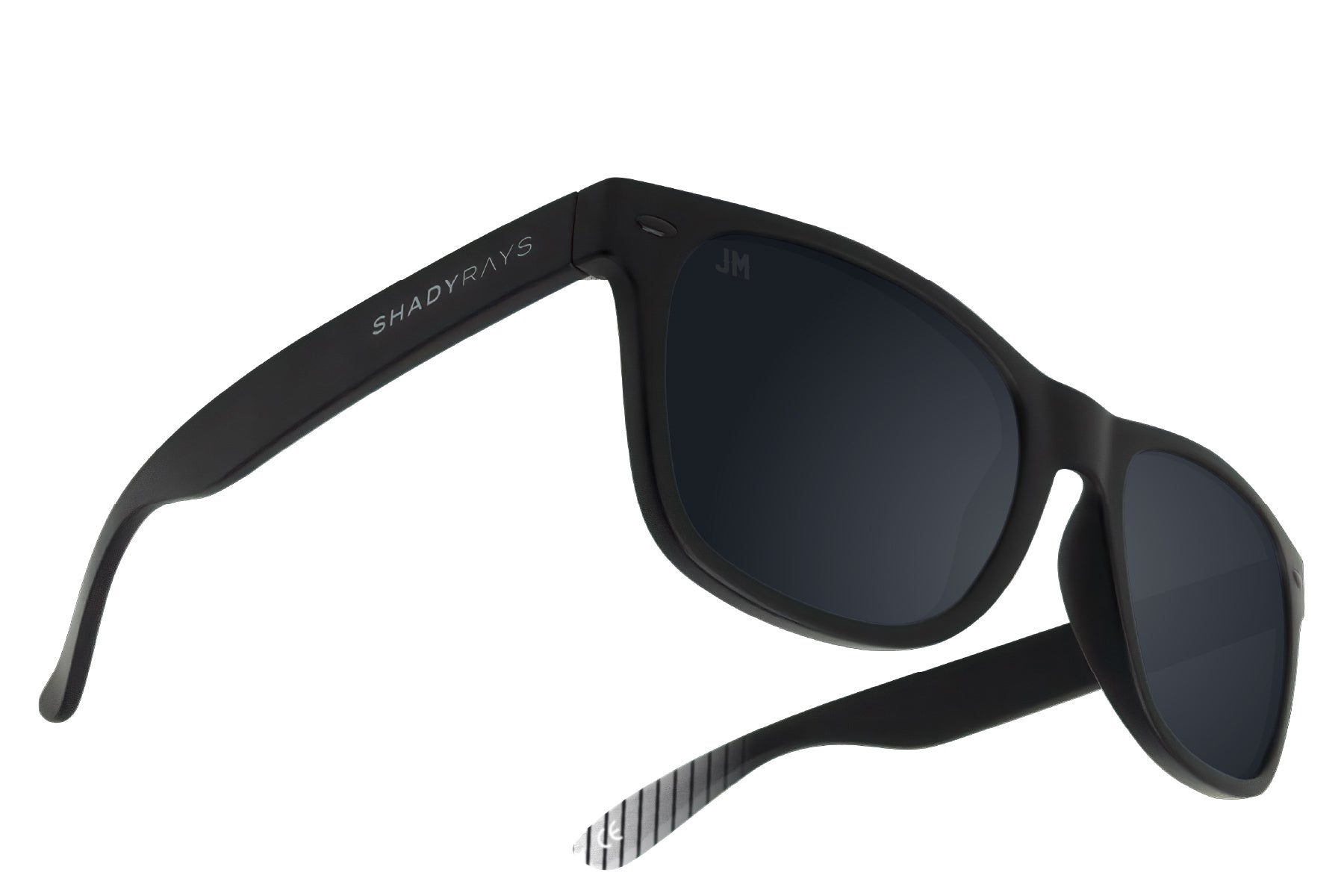 Black Shady Rays sunglasses, The Jimmy model with dark lenses and a matte frame, featuring "SHADY RAYS" branding on the arm.