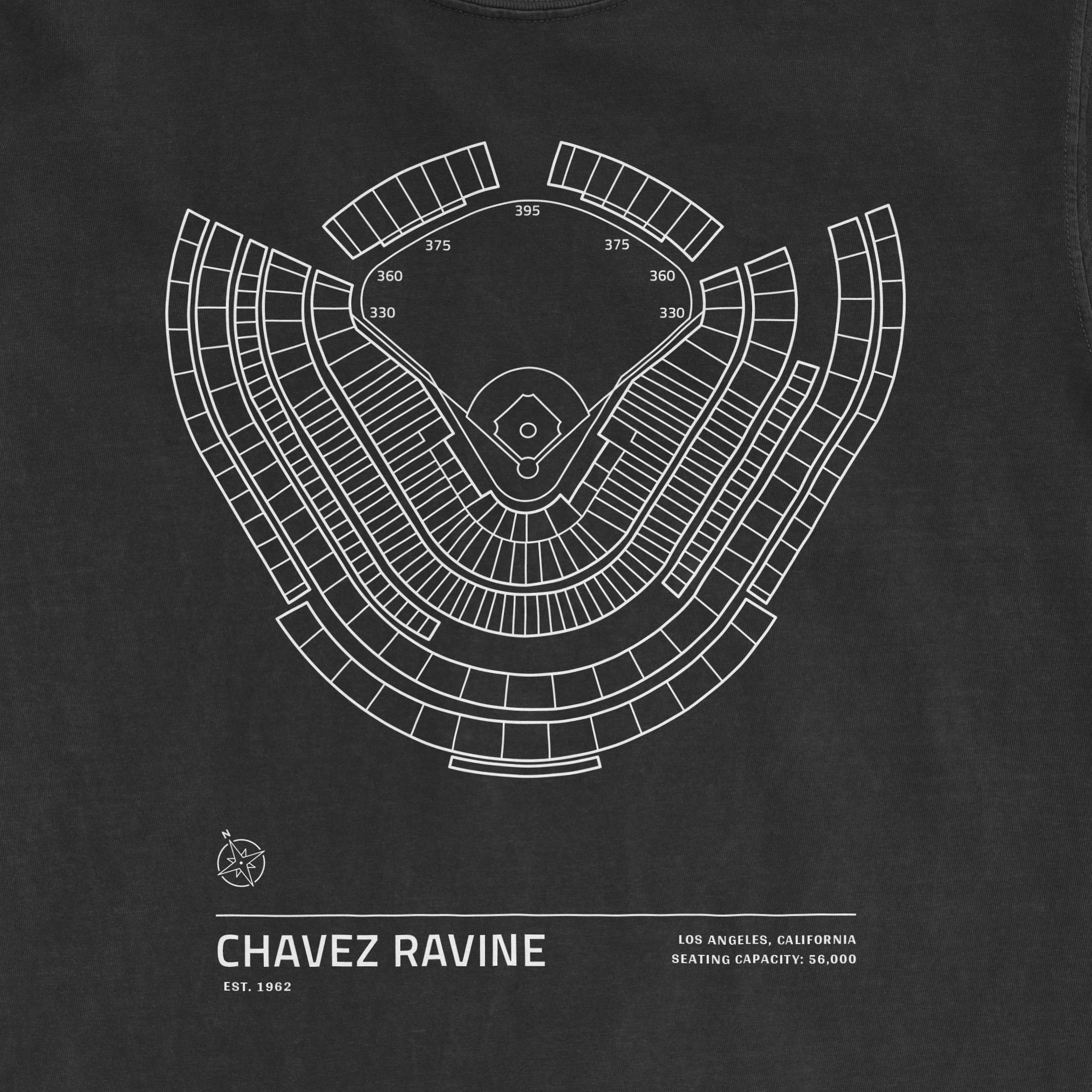 Black Comfort Colors tee featuring a white line drawing of Chavez Ravine stadium seating and field layout, with location and capacity details.