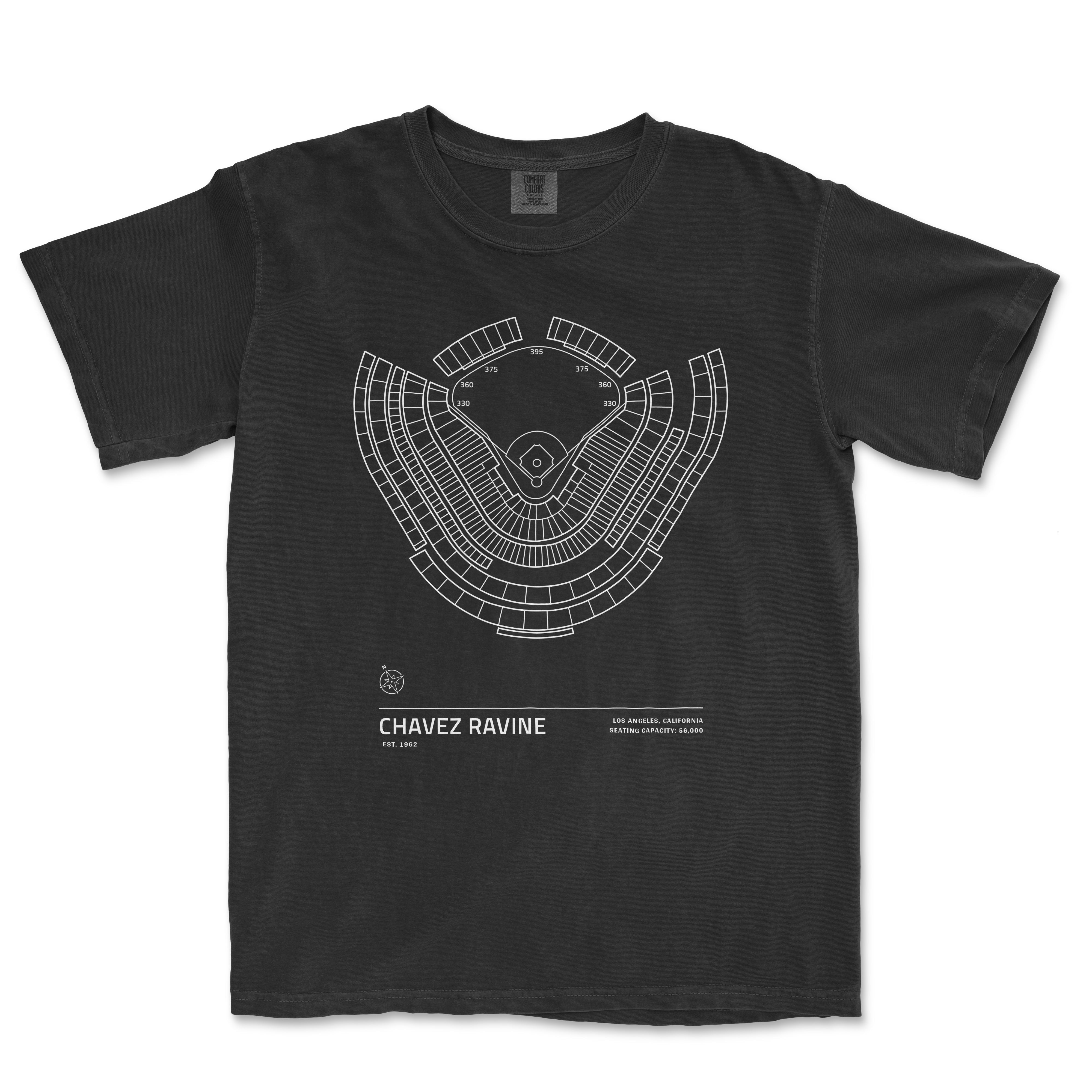 Black Comfort Colors T-shirt featuring a white line drawing of Chavez Ravine stadium seating chart with text details.
