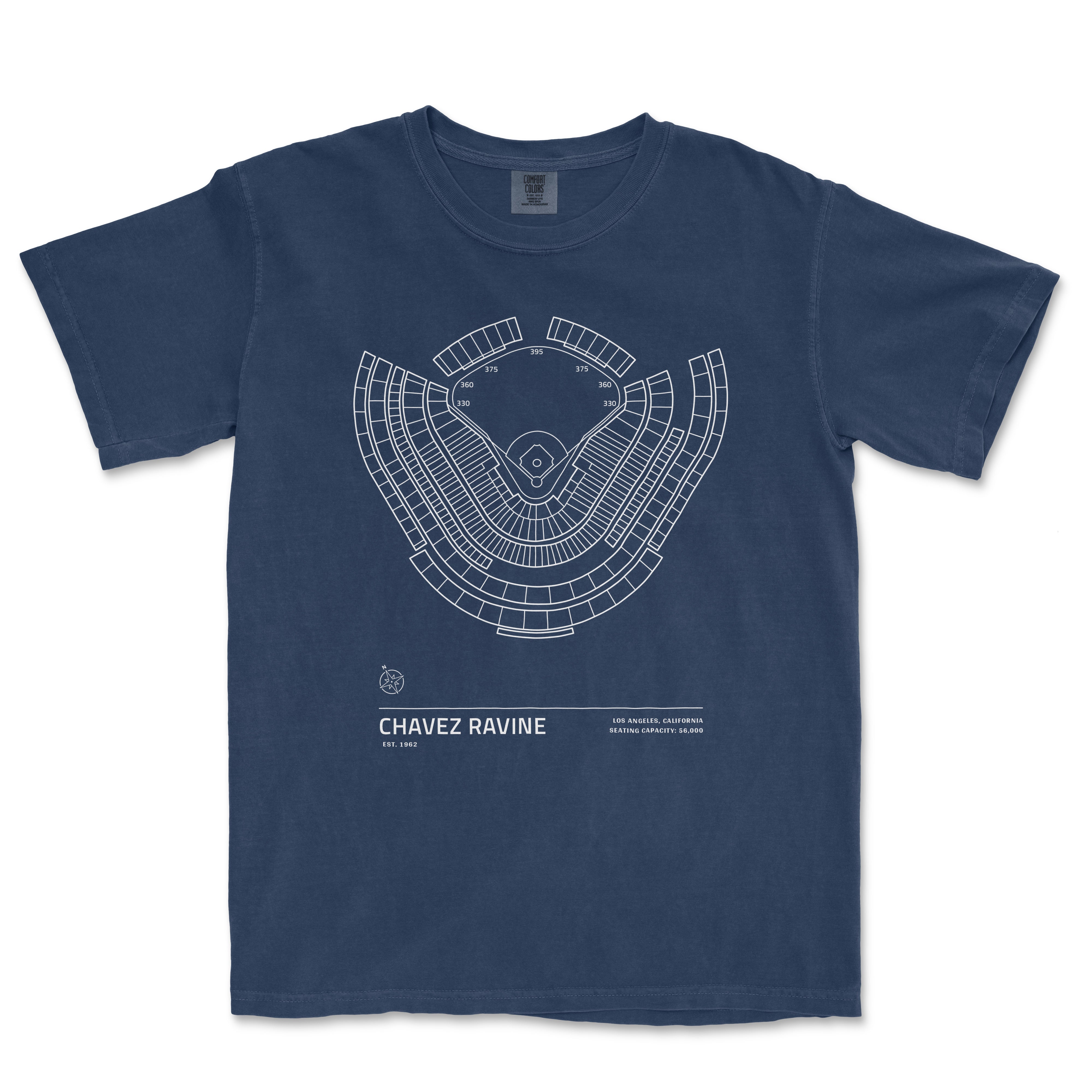 Blue Comfort Colors tee featuring a white line drawing of Chavez Ravine stadium seating chart, with location and capacity details.