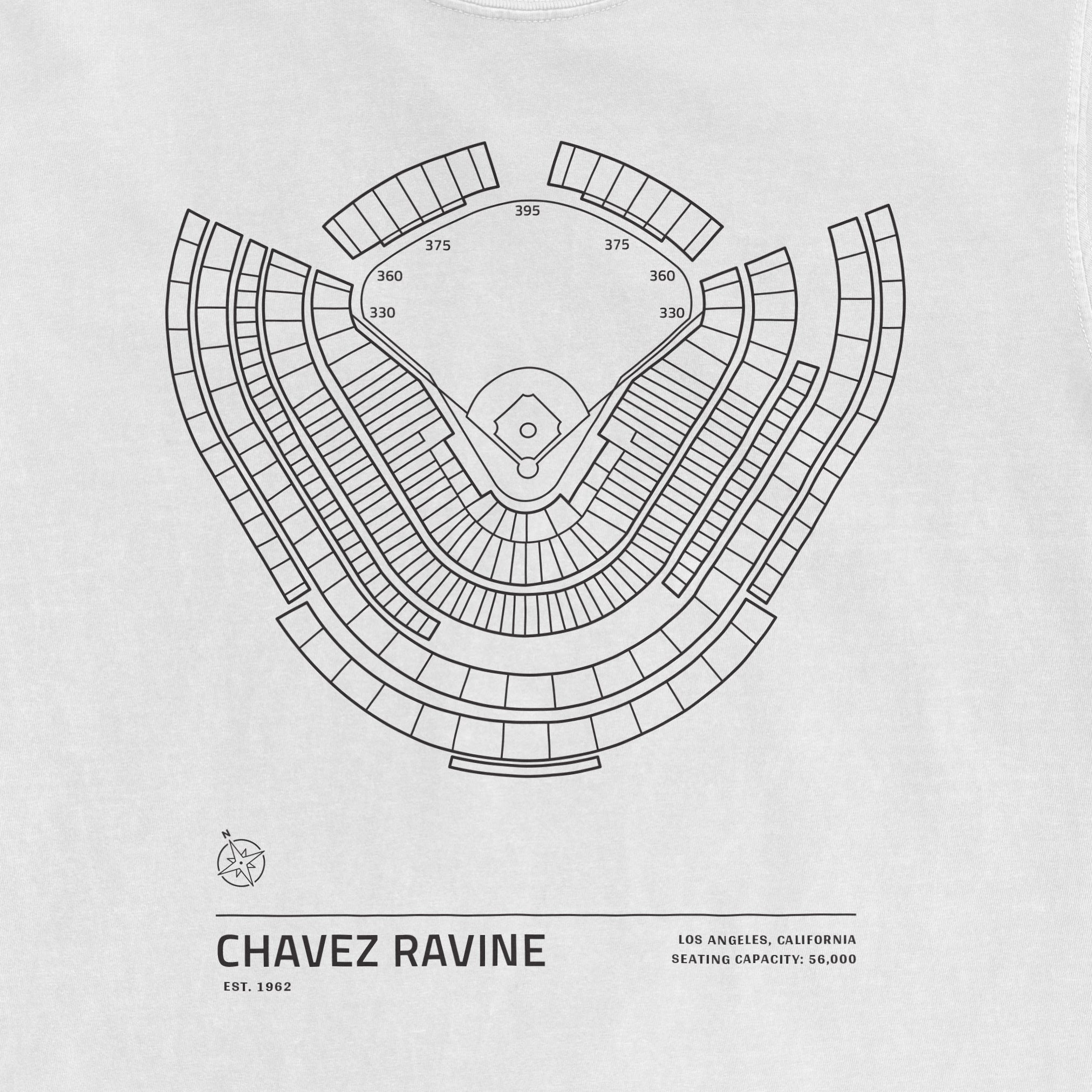 Line drawing of Chavez Ravine stadium seating chart on a Comfort Colors T-shirt, with details about Los Angeles, capacity, and establishment.