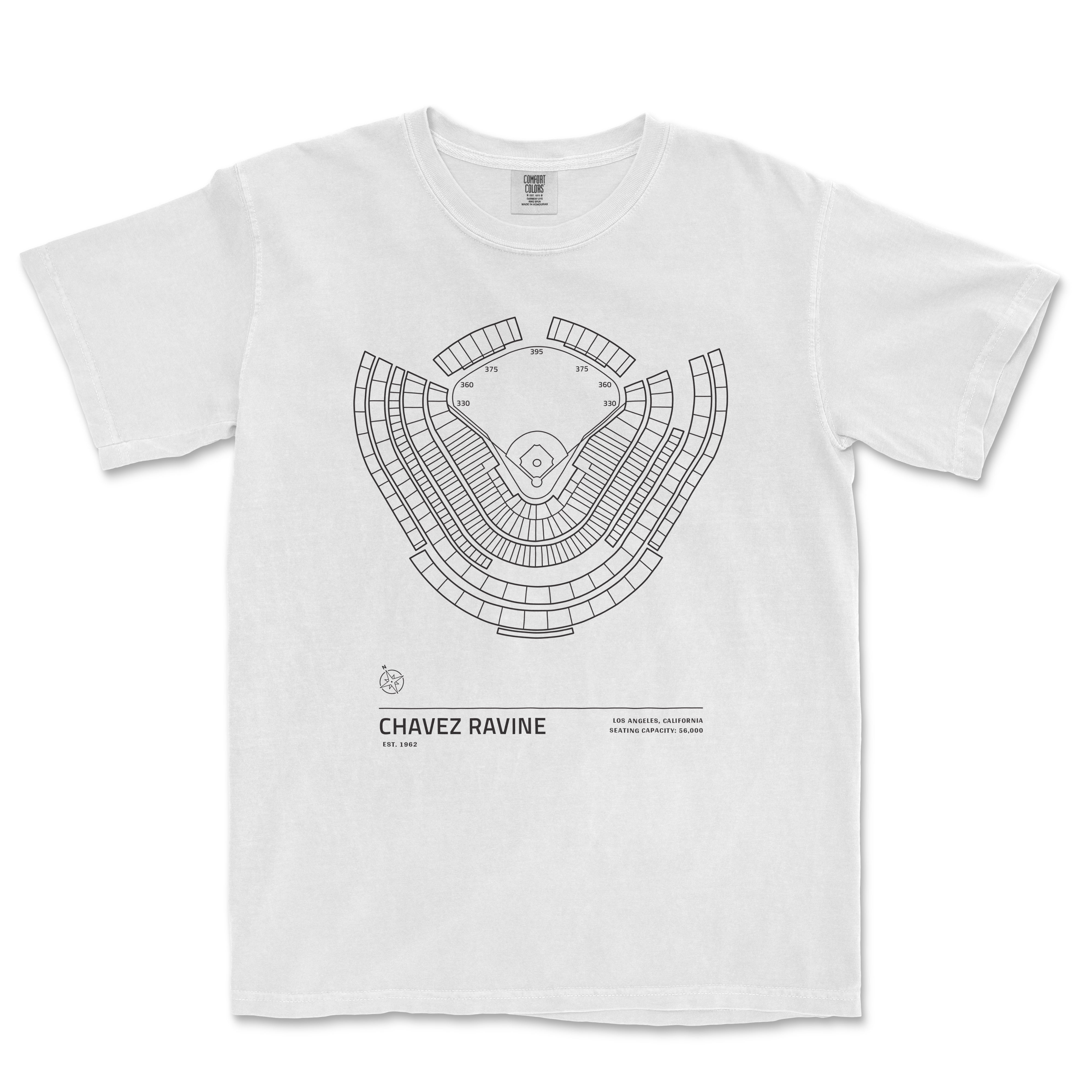 White Comfort Colors tee featuring a black line drawing of Chavez Ravine stadium seating chart with location details.