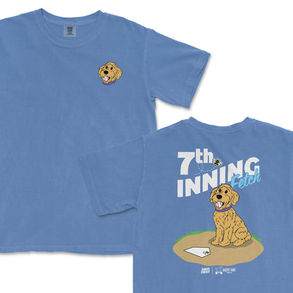 Blue t-shirt featuring a cartoon Golden Doodle with the text "7th Inning Fetch" and a baseball theme on the back.