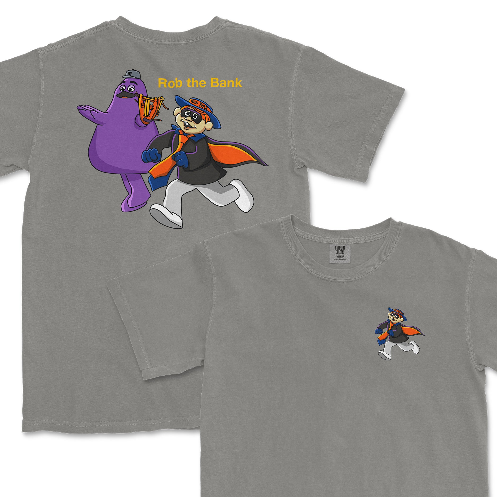 Gray T-shirt featuring a cartoon raccoon dressed as a thief with a cape, running with a purple monster holding a bag labeled "Rob the Bank.