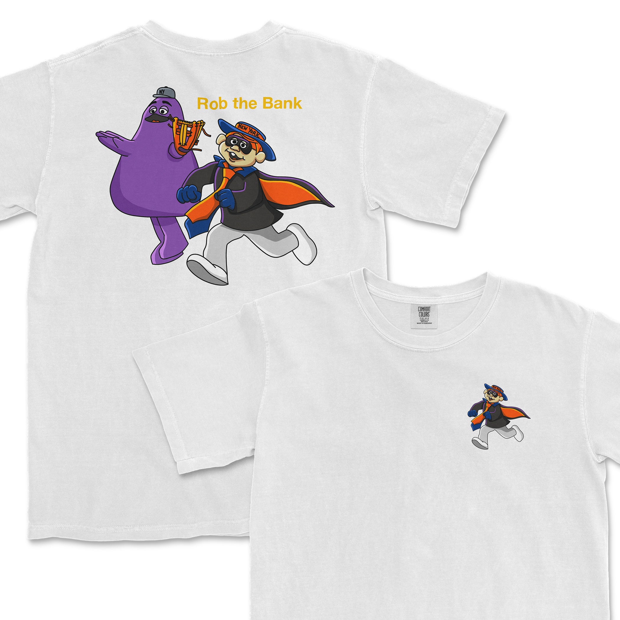 White T-shirt featuring cartoon characters, a purple monster and a raccoon dressed as a thief, with "Rob the Bank" text above.