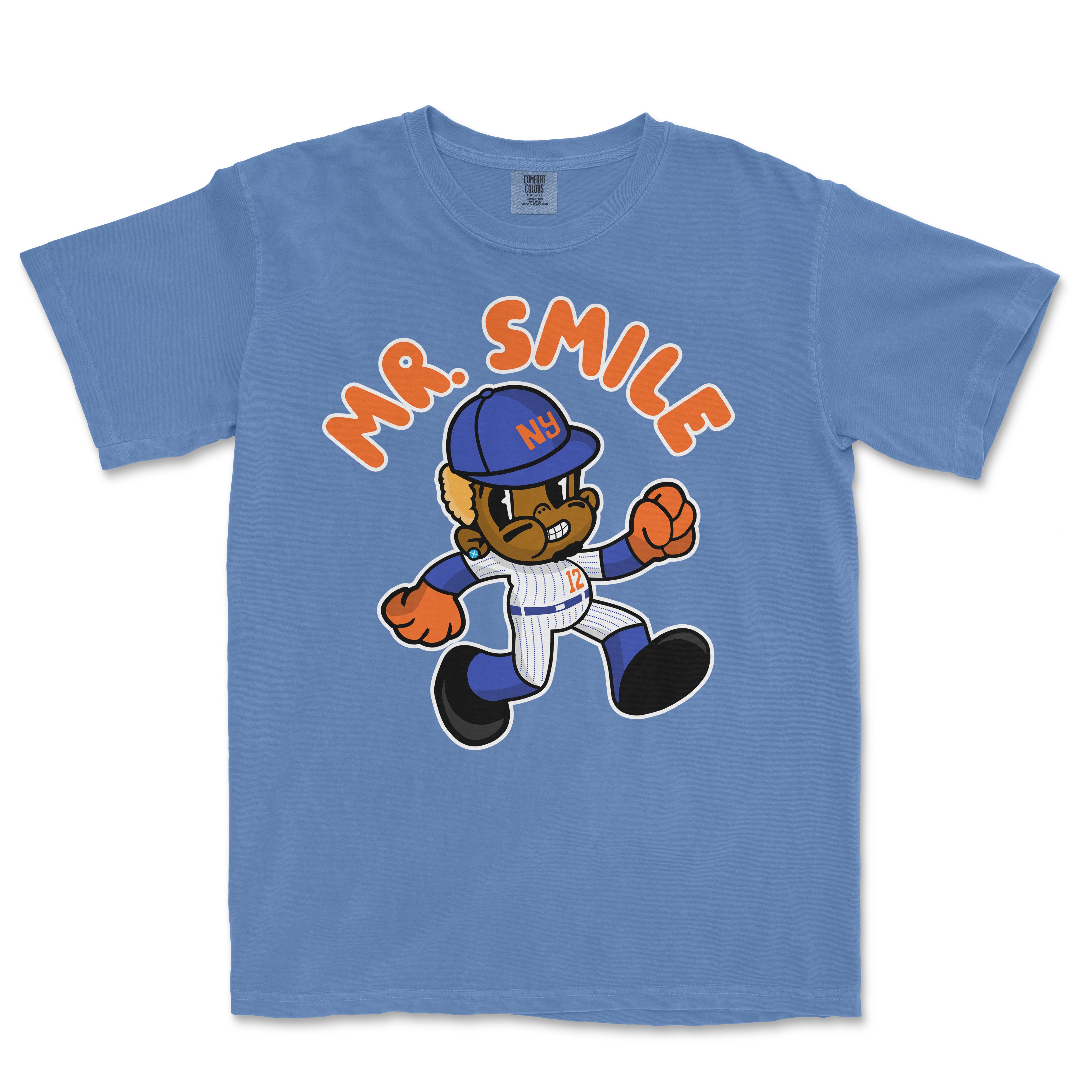 Blue Comfort Colors T-shirt featuring a cartoon dog wearing a baseball uniform and cap, with "MR. SMILE" text above.