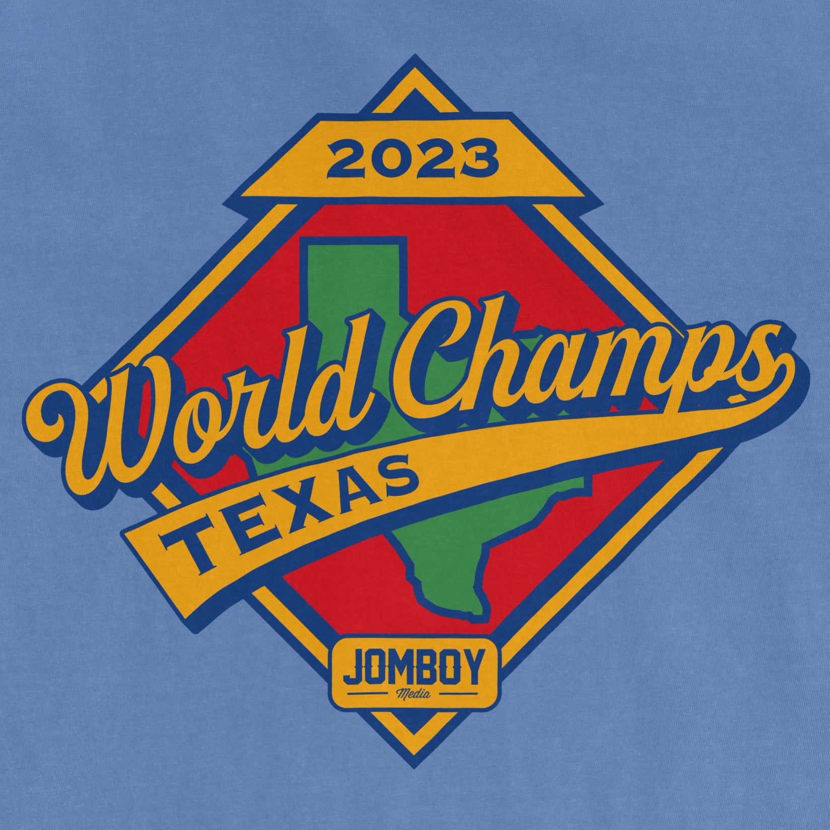 Retro Texas Champs logo featuring a colorful design with a green Texas outline, "2023" and "World Champs" text on a blue background.