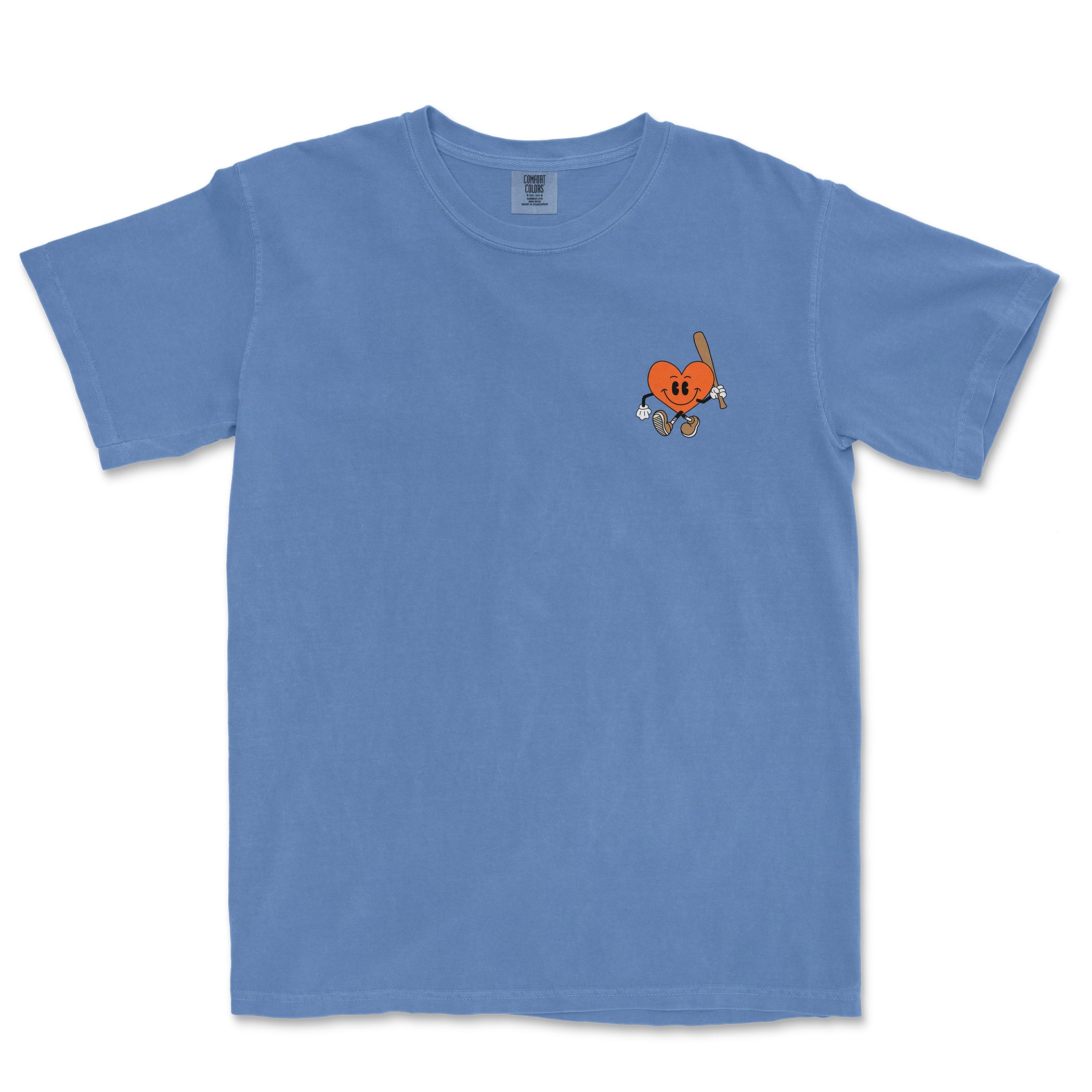 Blue Comfort Colors tee featuring a cute, animated heart character holding a baseball bat, with a playful expression.