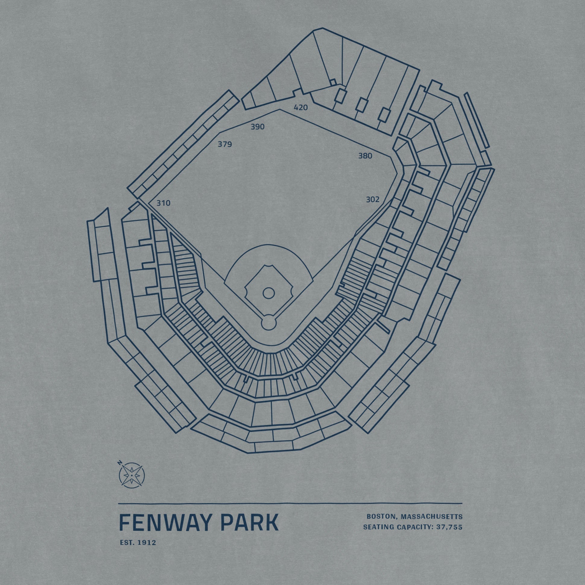 Line drawing of Fenway Park stadium layout on a Comfort Colors T-shirt, with seating sections, field, and capacity details.