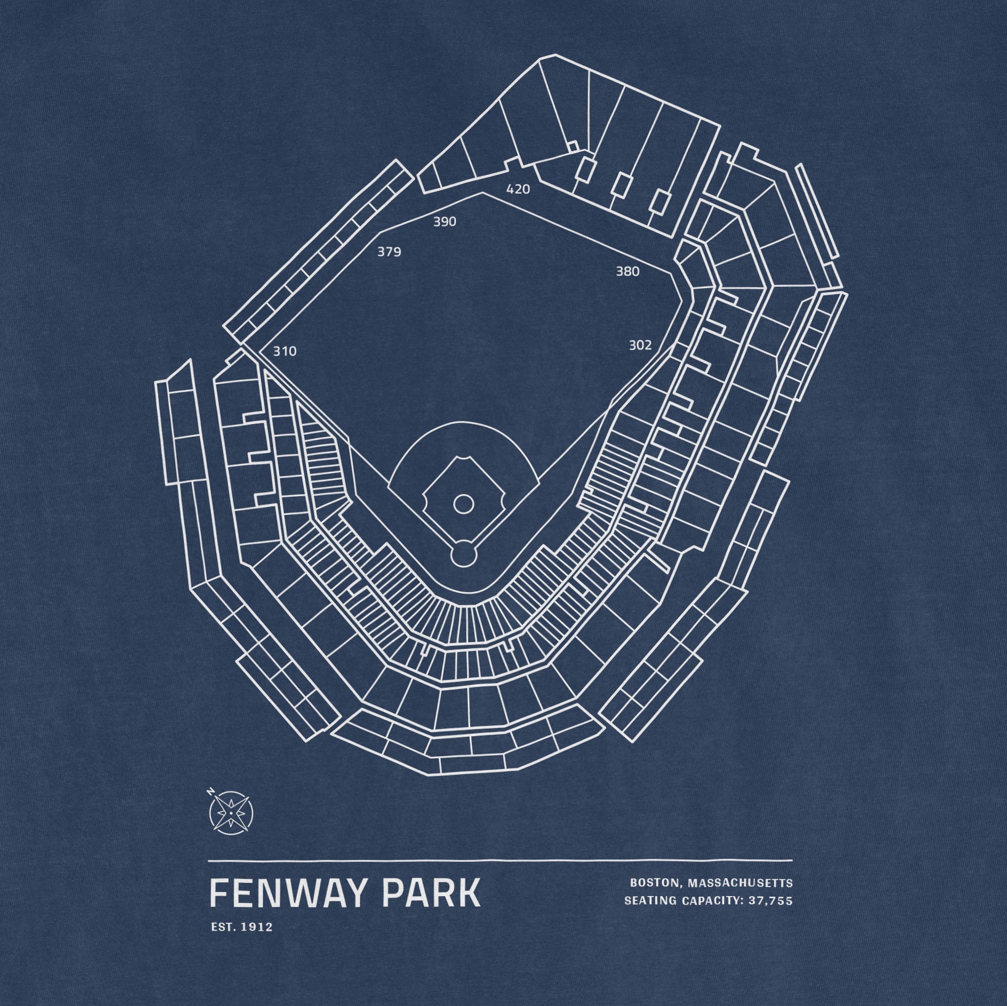 White line drawing of Fenway Park stadium seating layout on a blue Comfort Colors T-shirt, with location, capacity, and establishment details.