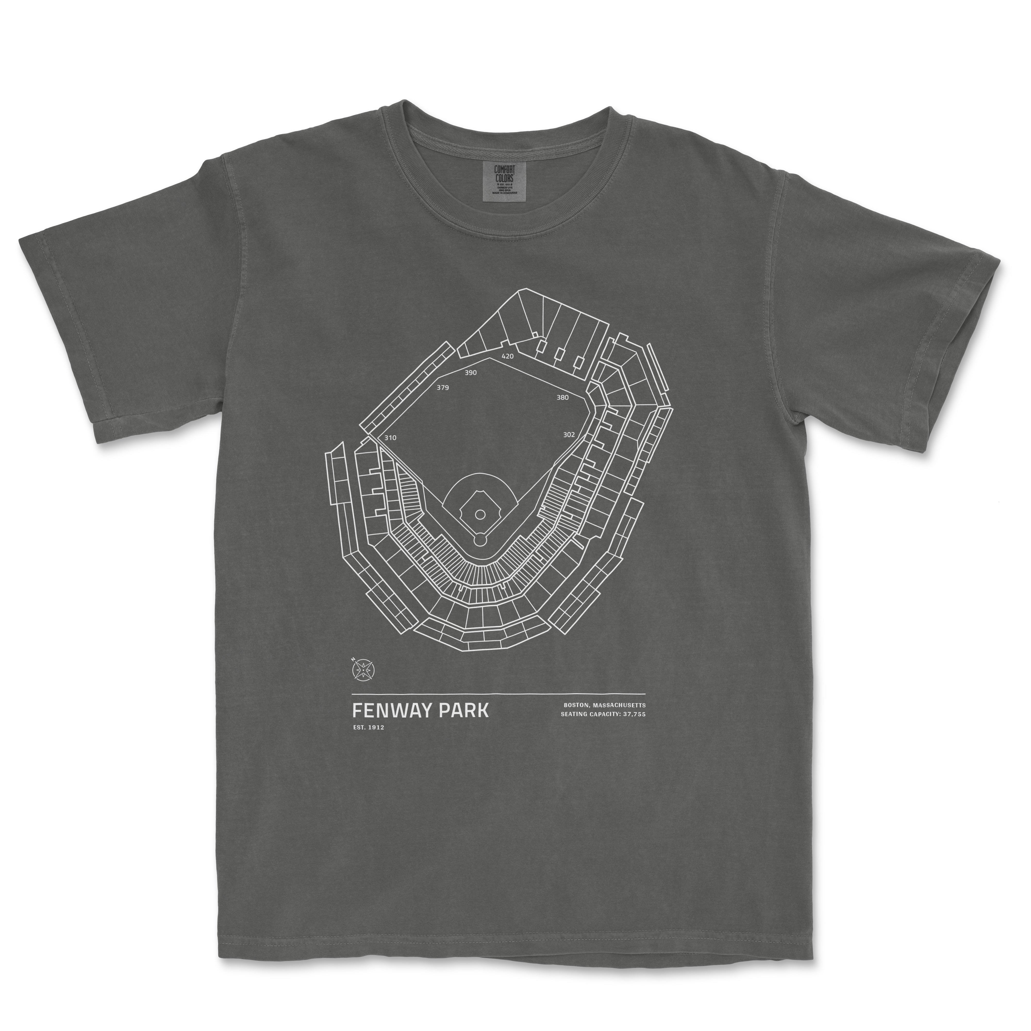 Gray Comfort Colors T-shirt featuring a white line drawing of Fenway Park's stadium seating and field layout.
