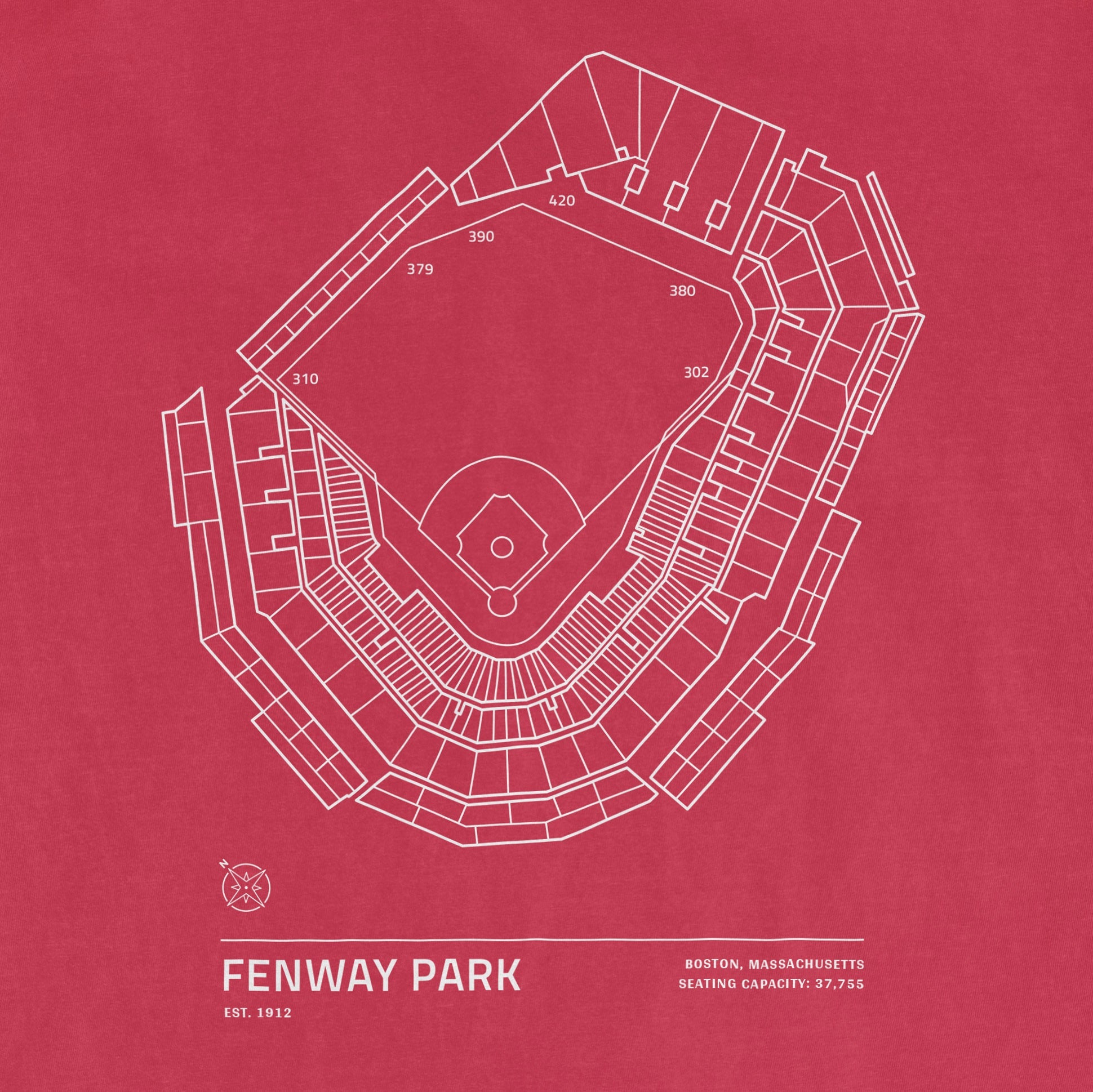 White line drawing of Fenway Park stadium layout on a red Comfort Colors T-shirt, with details like seating capacity and location.