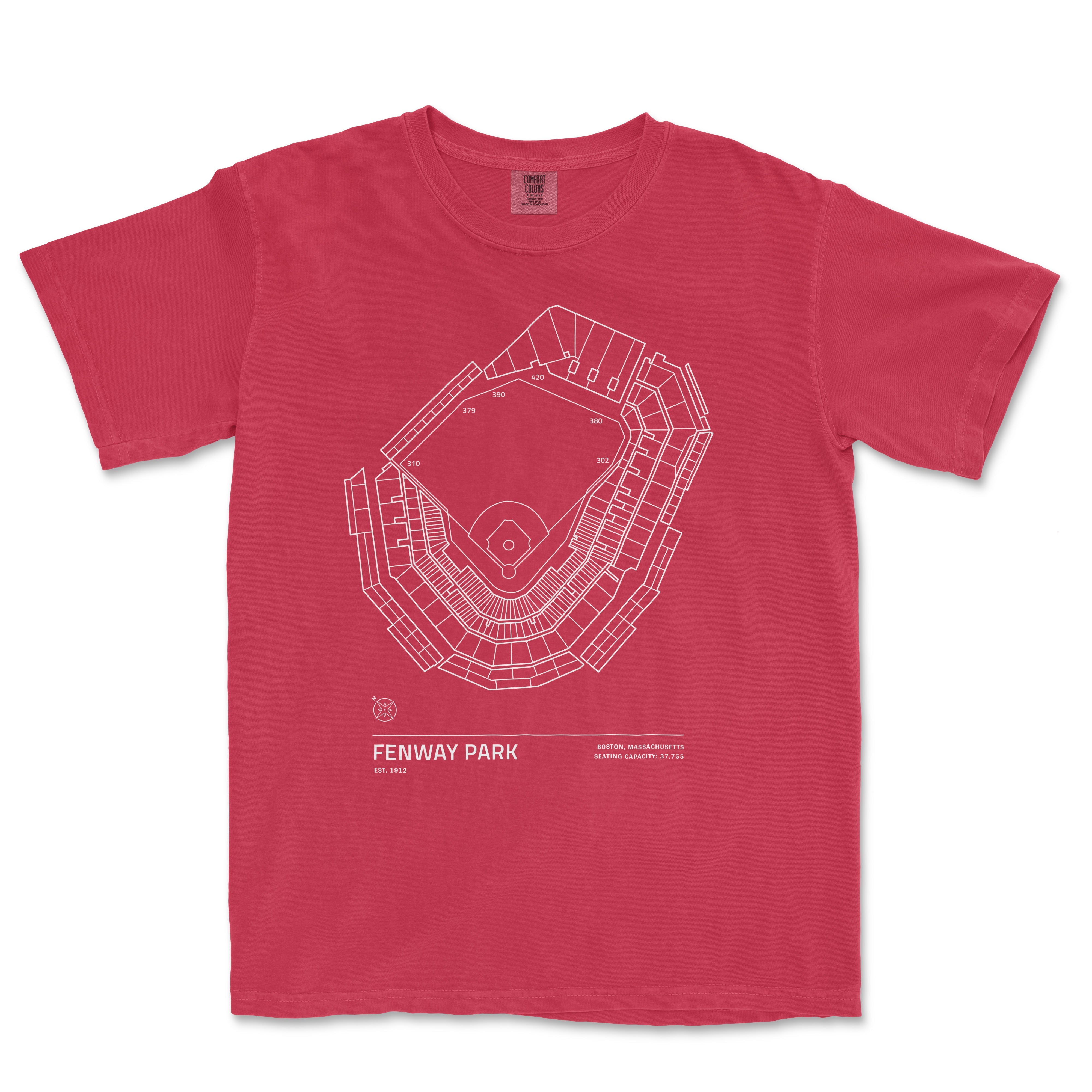 Red Comfort Colors T-shirt featuring a white line drawing of Fenway Park stadium seating and field layout.