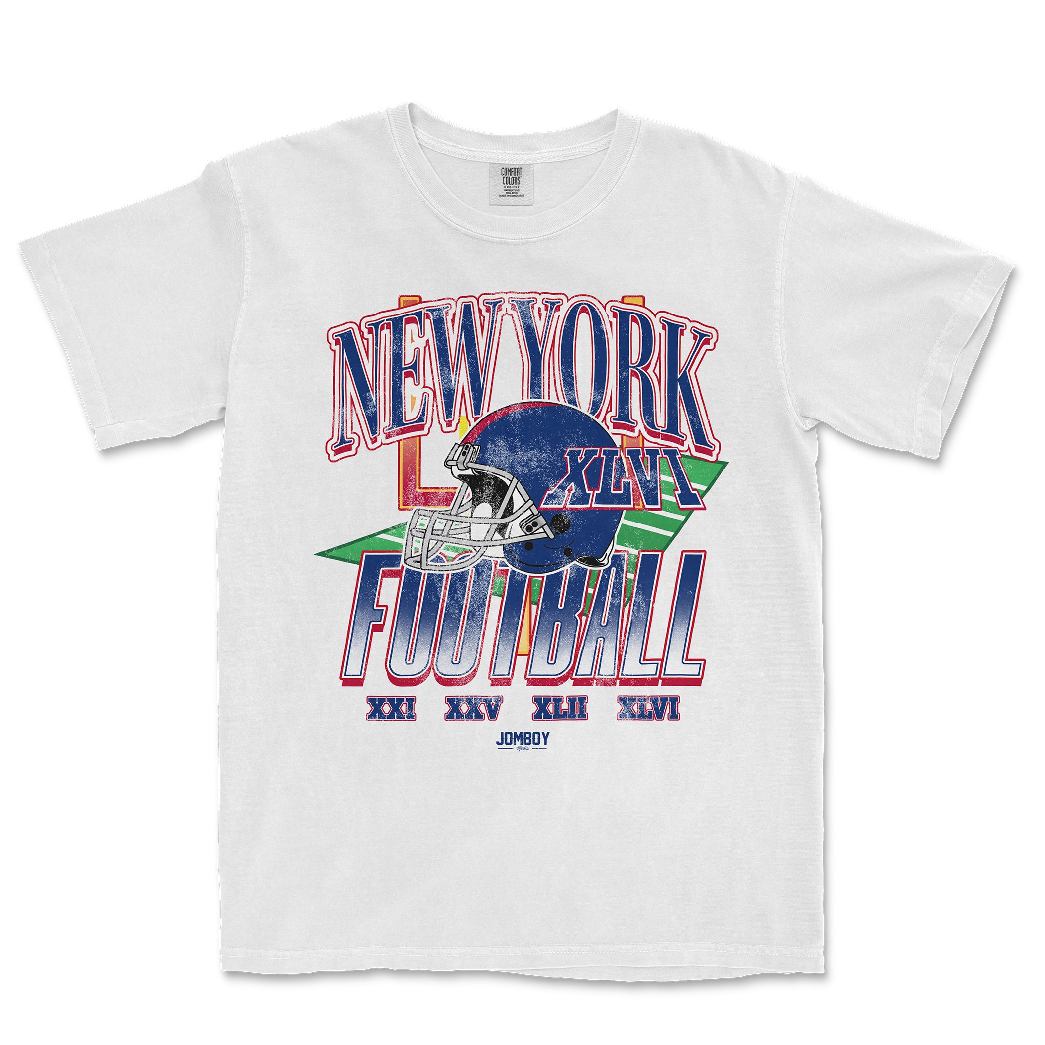 White vintage Comfort Colors® t-shirt featuring a colorful graphic design of a football helmet, "New York Football" text, and Roman numerals.