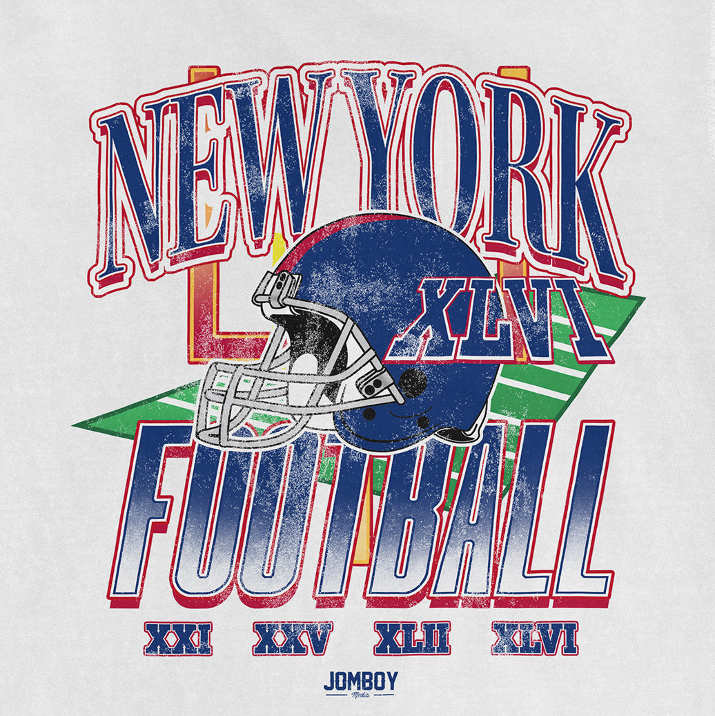 Vintage Comfort Colors T-shirt featuring a distressed New York Giants football helmet, bold text, and colorful graphics.