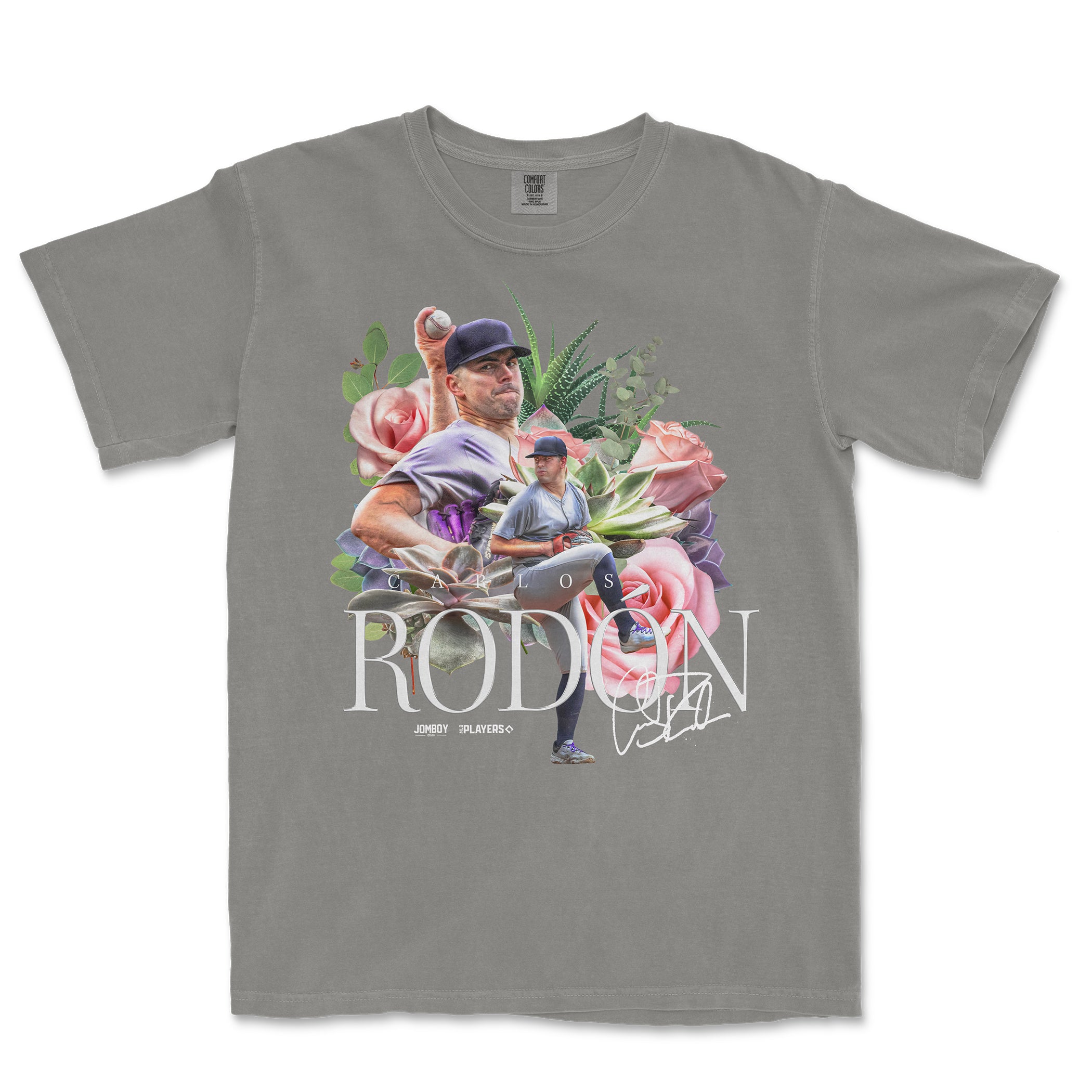 Gray Comfort Colors T-shirt featuring a graphic of Carlos Rodón with floral and baseball elements, and his signature.