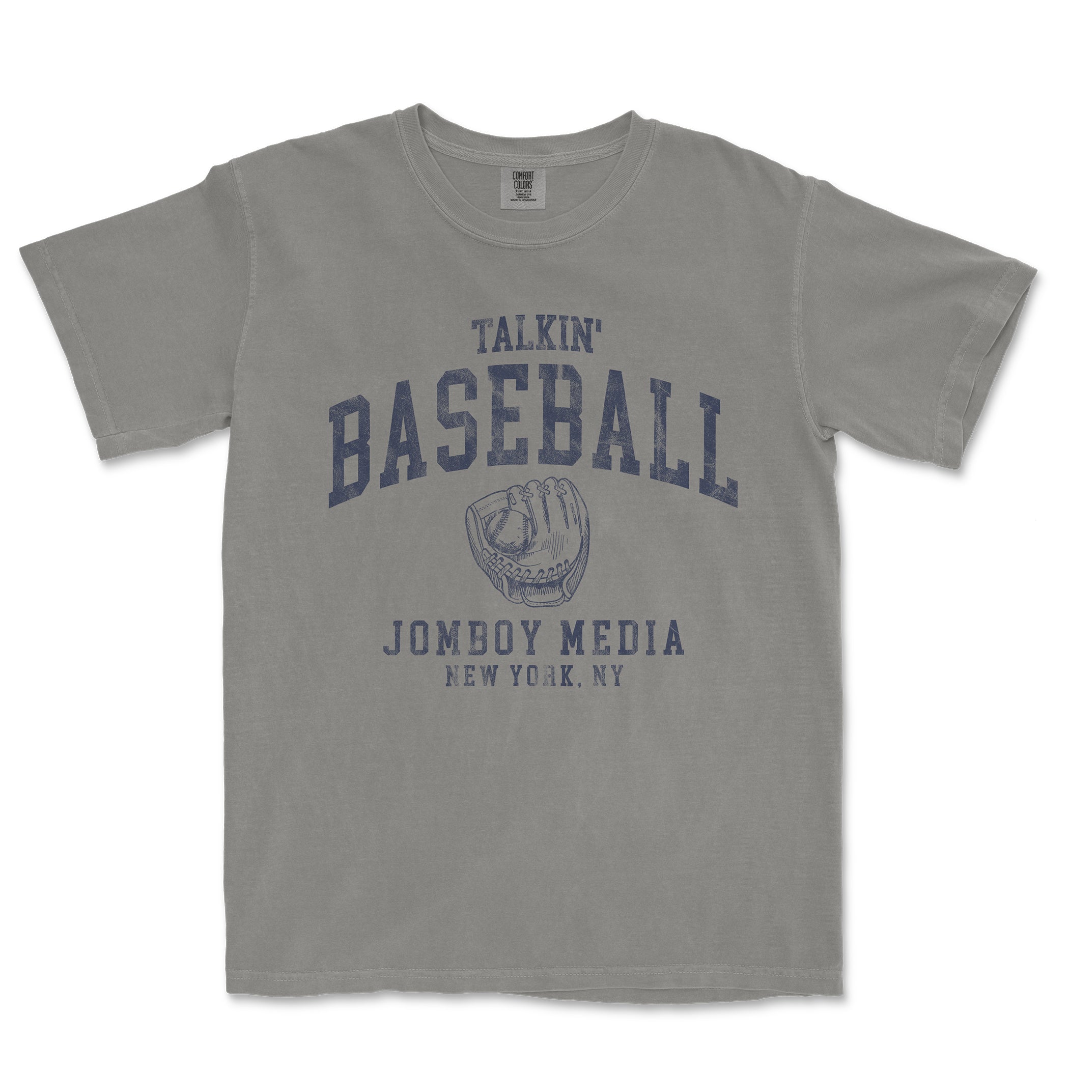 Gray T-shirt featuring "Talkin' Baseball 90's Edition" text, a baseball glove illustration, and "Jombo Media, New York, NY" printed below.