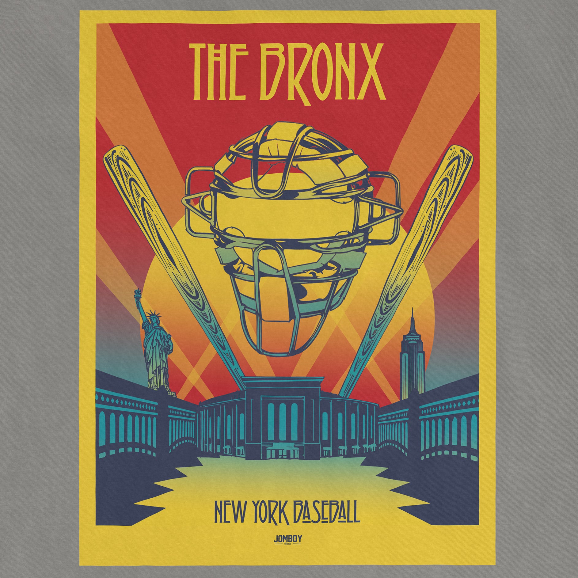 Colorful vintage-style poster featuring a baseball helmet with two bats, the Statue of Liberty, and the Empire State Building.