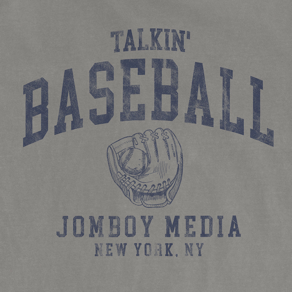 Gray T-shirt featuring a vintage-style blue graphic of a baseball glove holding a ball, with "Talkin' Baseball 90's Edition" and "Jomboy Media, New York, NY" text.