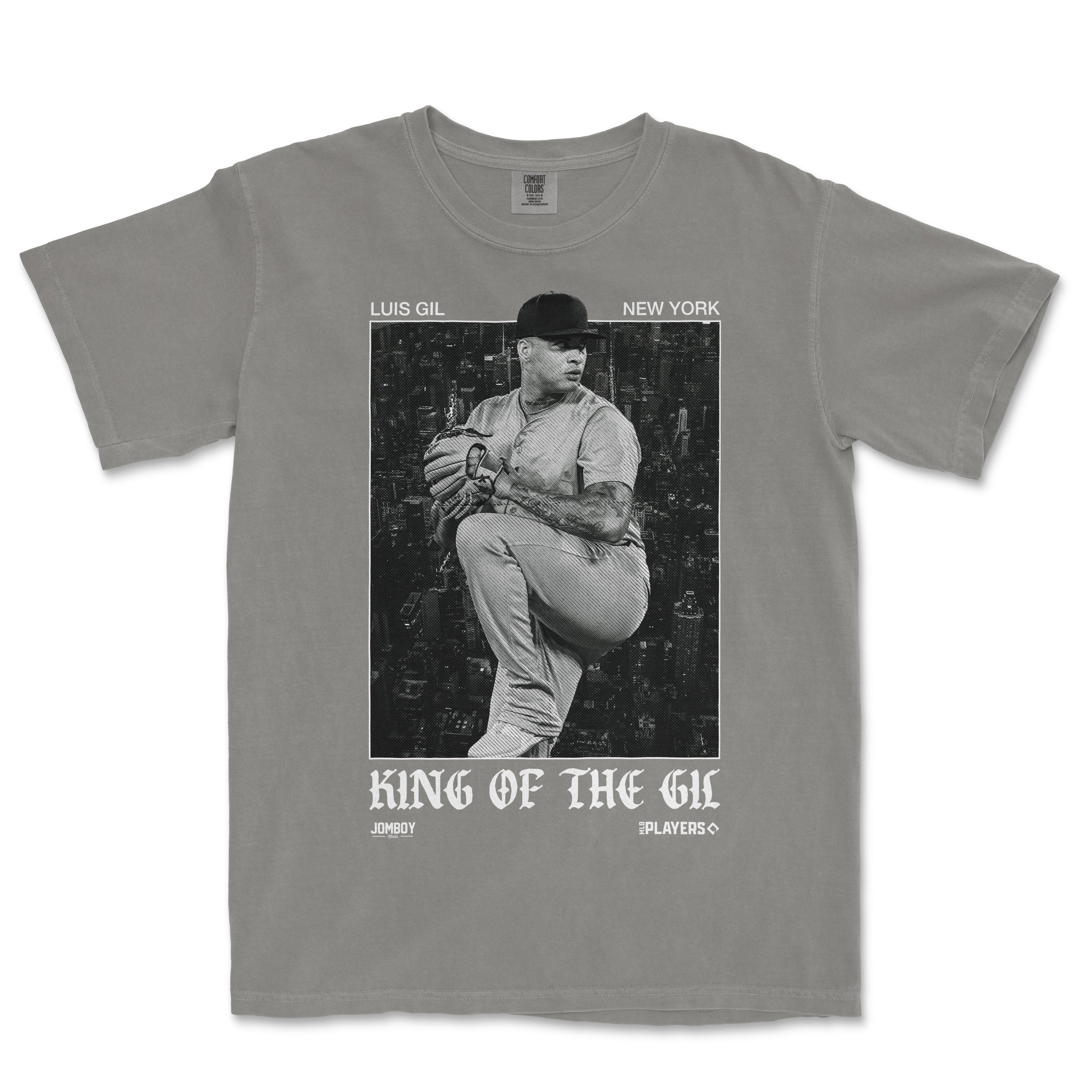 Gray Comfort Colors T-shirt featuring a black-and-white graphic of a baseball player with "KING OF THE GIL" text below and "IT'S UP TO GIL" at the top.