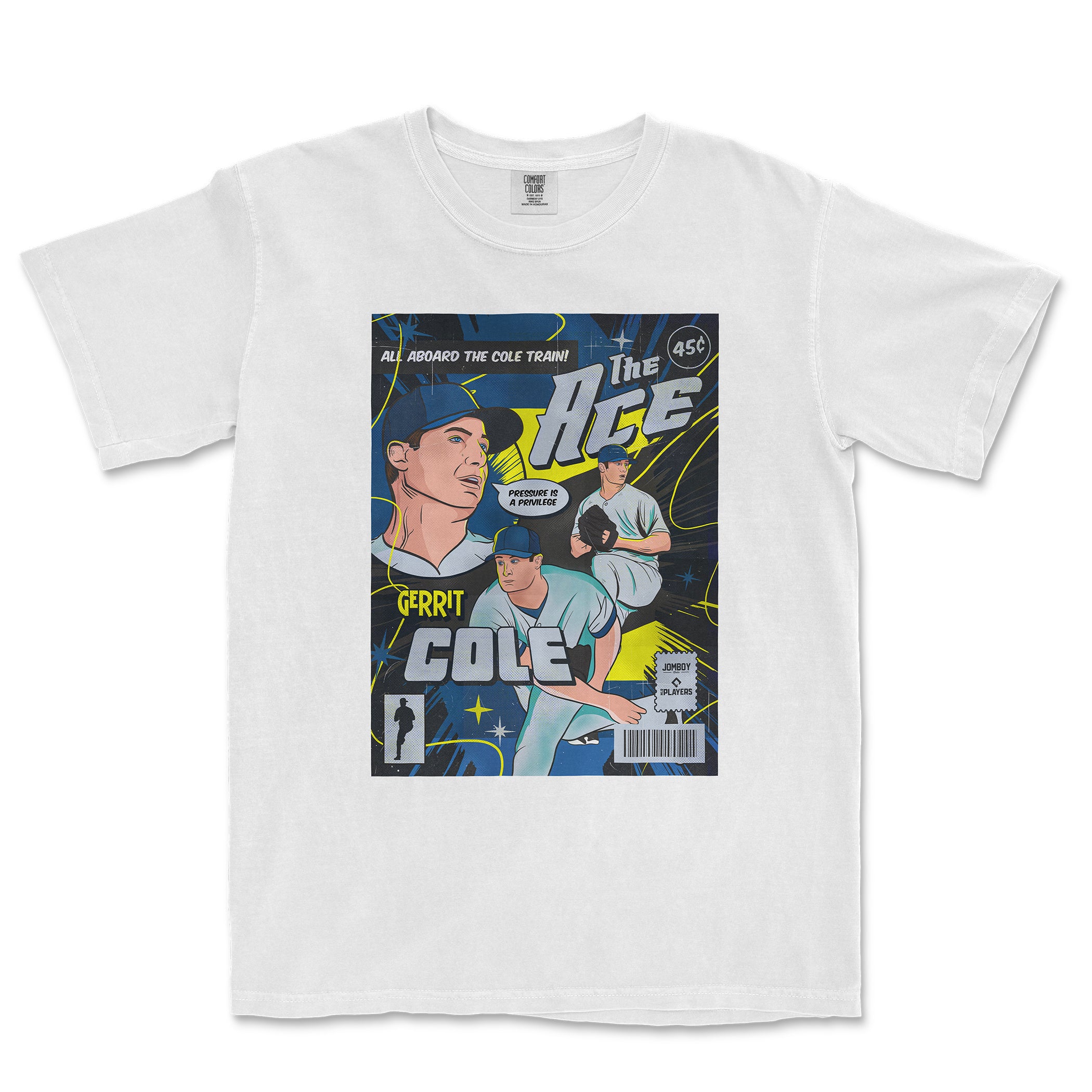 White Comfort Colors T-shirt featuring a colorful comic-style design of Gerrit Cole as "The Ace" with vintage baseball and comic elements.